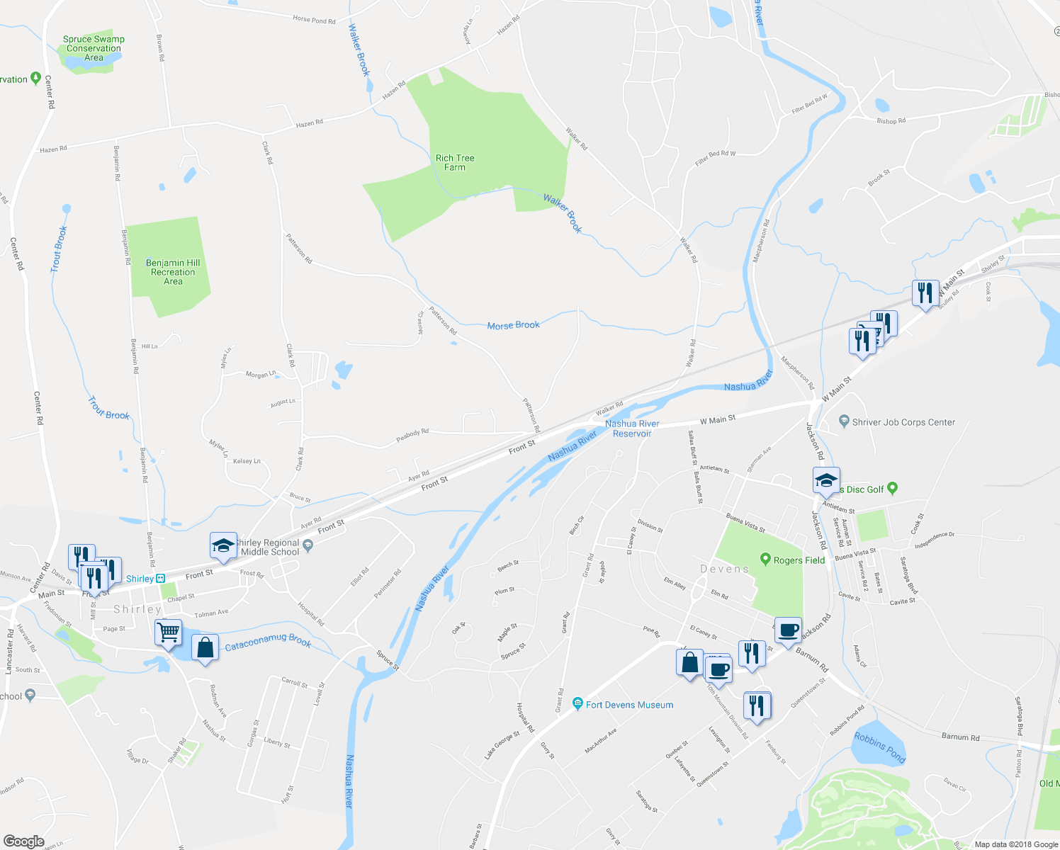 map of restaurants, bars, coffee shops, grocery stores, and more near 76 Peabody Road in Shirley