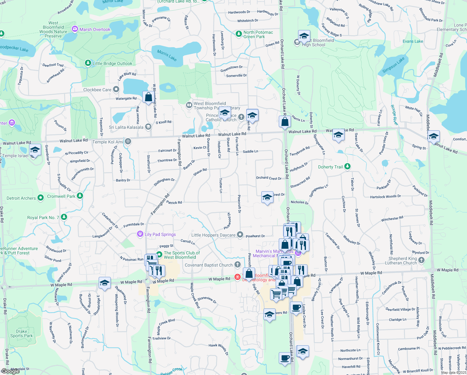 map of restaurants, bars, coffee shops, grocery stores, and more near 5931 Barnstable Ct in West Bloomfield Township