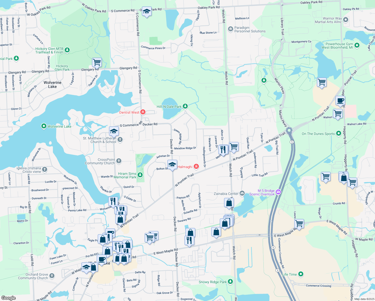 map of restaurants, bars, coffee shops, grocery stores, and more near 1886 Meadow Ridge Drive in Commerce Charter Township