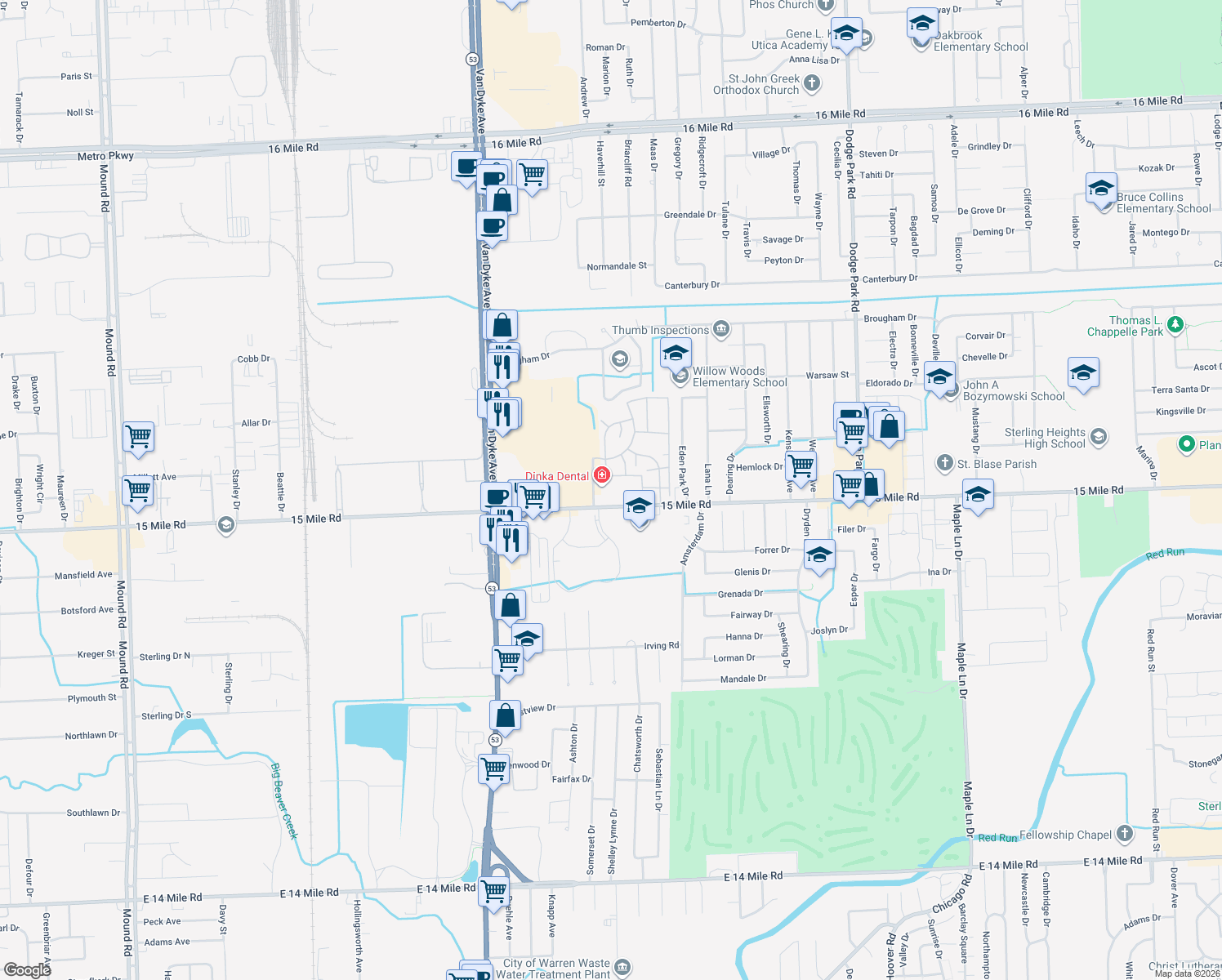 map of restaurants, bars, coffee shops, grocery stores, and more near 35100 Tiffany Dr in Sterling Heights