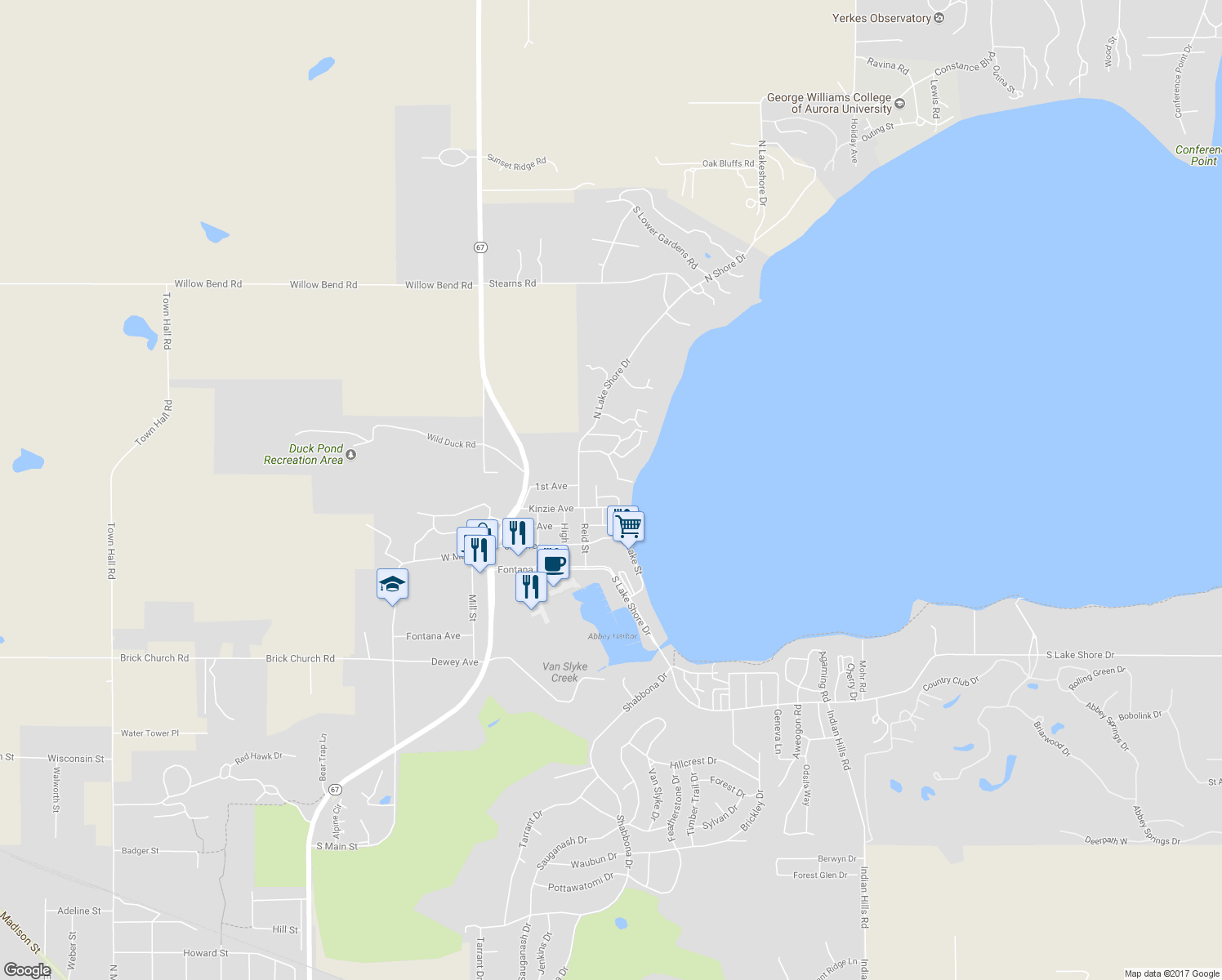 map of restaurants, bars, coffee shops, grocery stores, and more near 336 Fontana Lane in Fontana-on-Geneva Lake