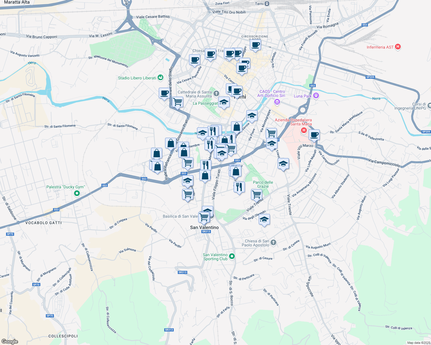 map of restaurants, bars, coffee shops, grocery stores, and more near 5 Via Don Luigi Sturzo in Terni