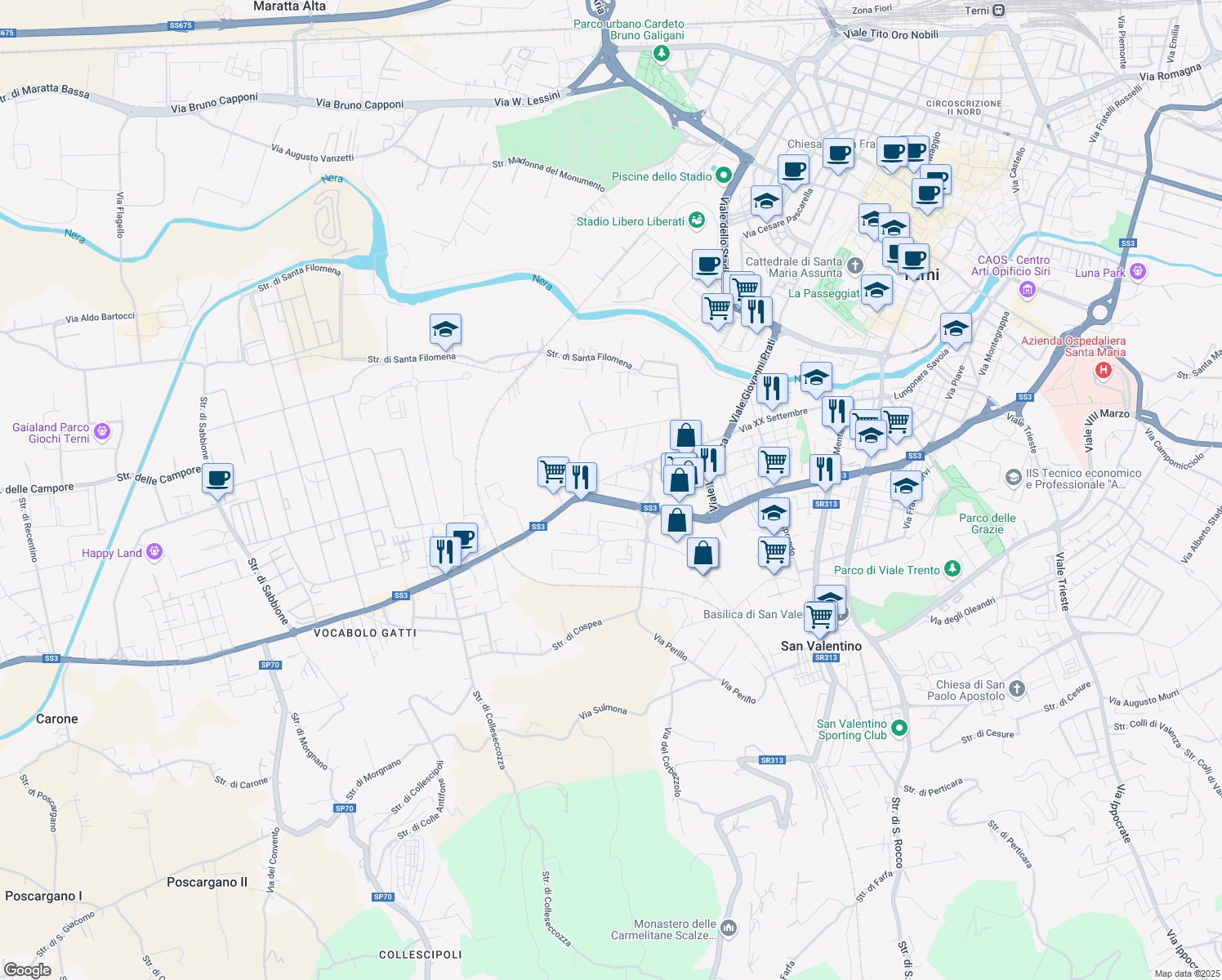 map of restaurants, bars, coffee shops, grocery stores, and more near 176 Via XX Settembre in Terni