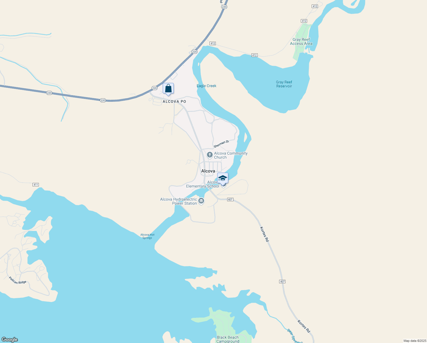 map of restaurants, bars, coffee shops, grocery stores, and more near Shoshoni St in Alcova