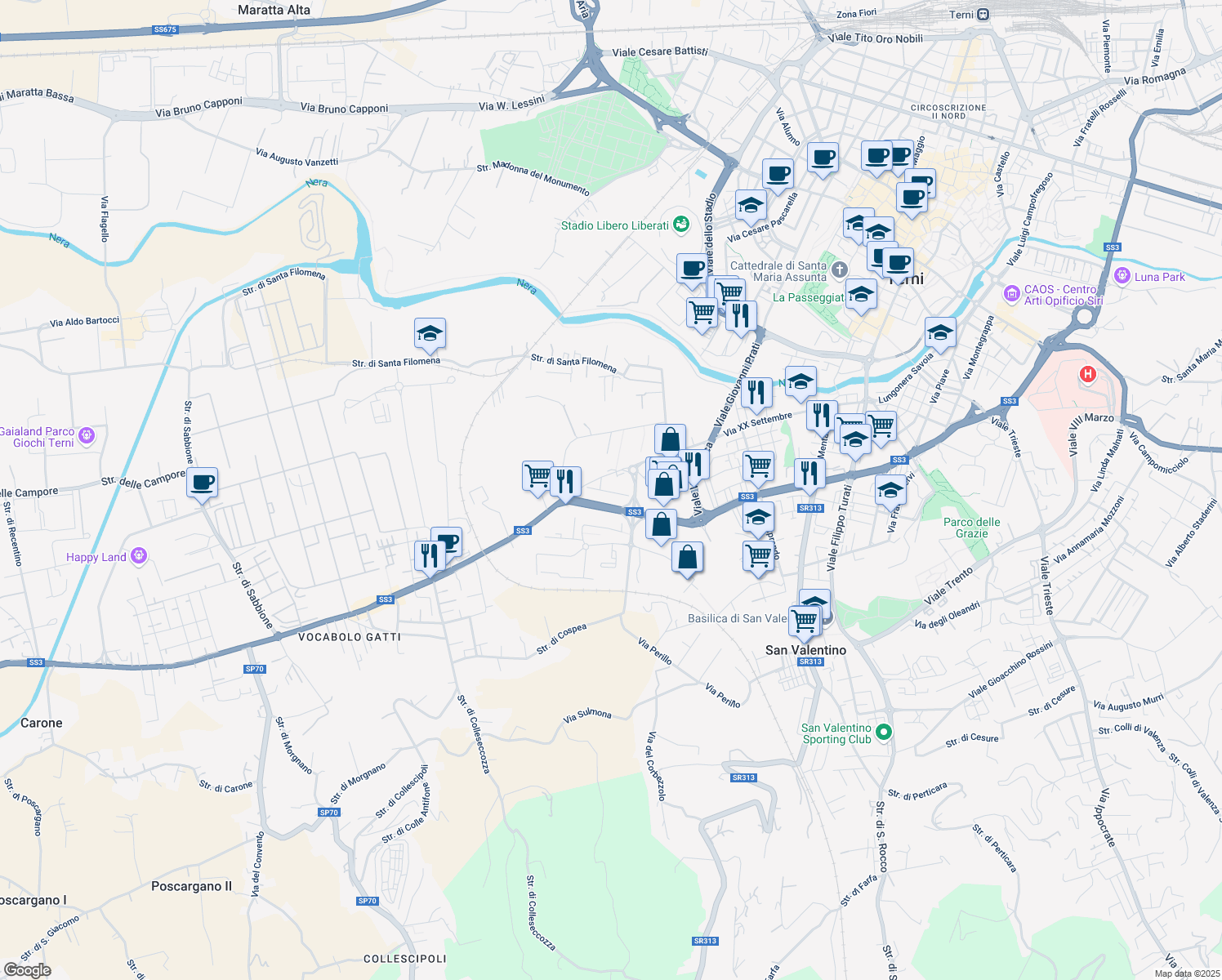 map of restaurants, bars, coffee shops, grocery stores, and more near 176 Via XX Settembre in Terni