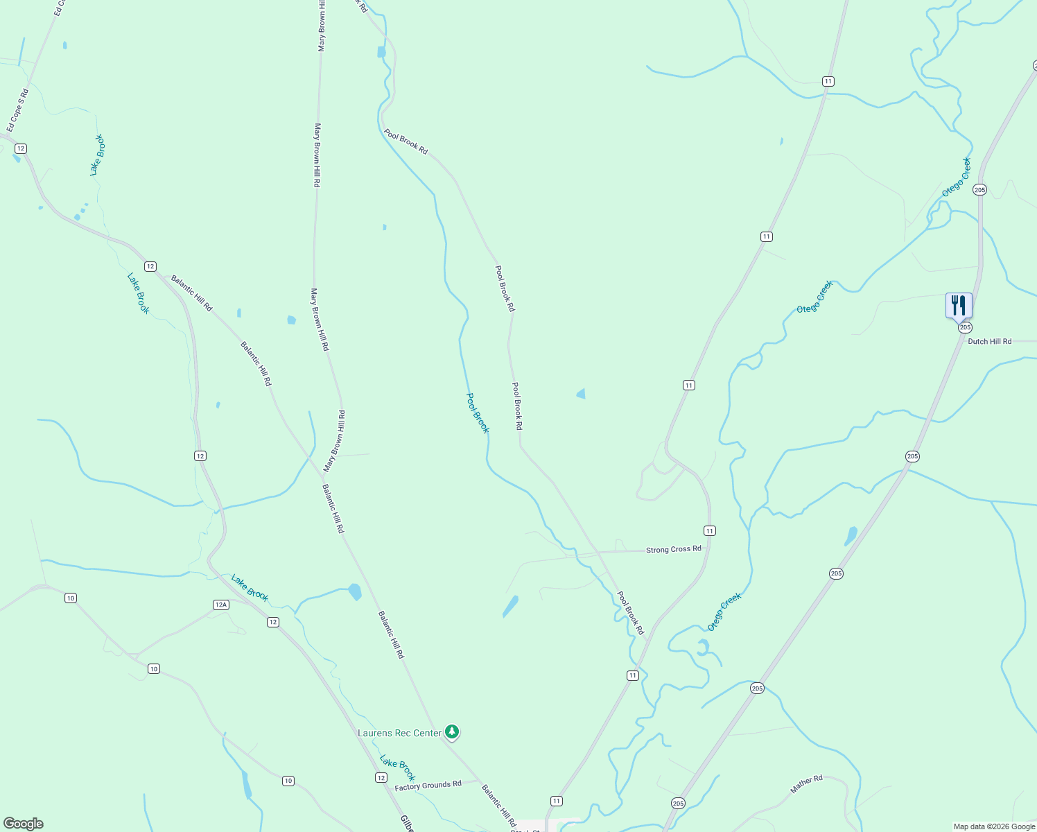 map of restaurants, bars, coffee shops, grocery stores, and more near Pool Brook Road in Laurens