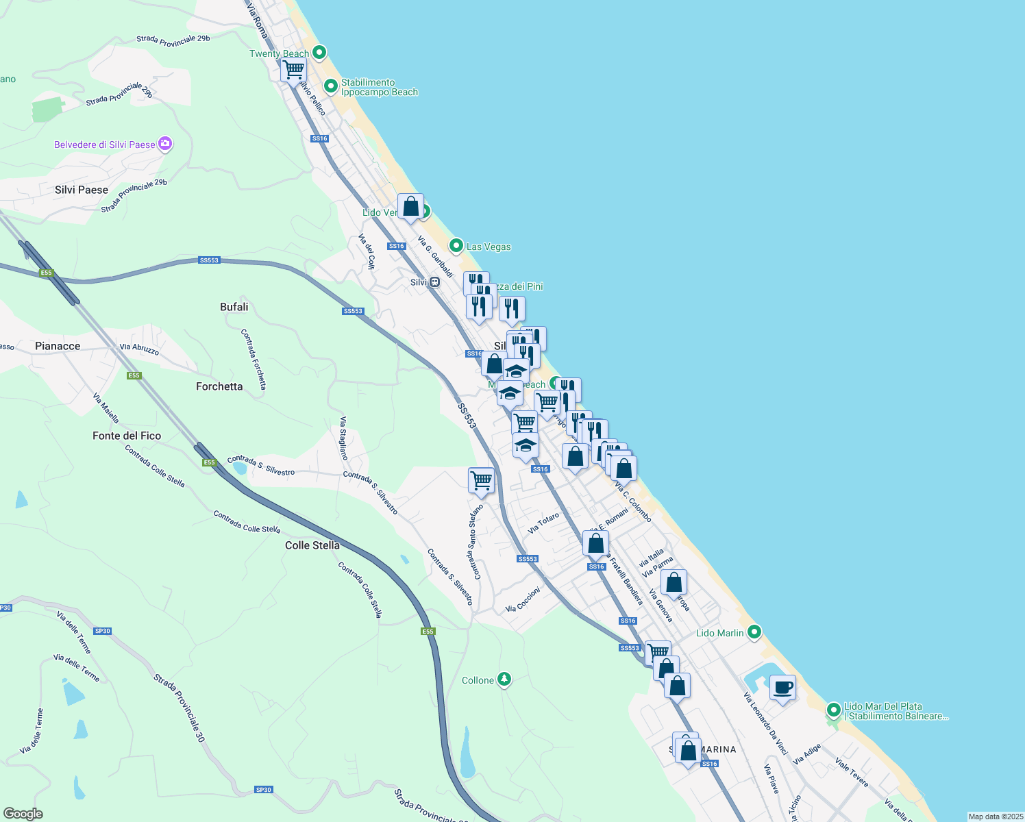 map of restaurants, bars, coffee shops, grocery stores, and more near 329 Via Roma in Silvi