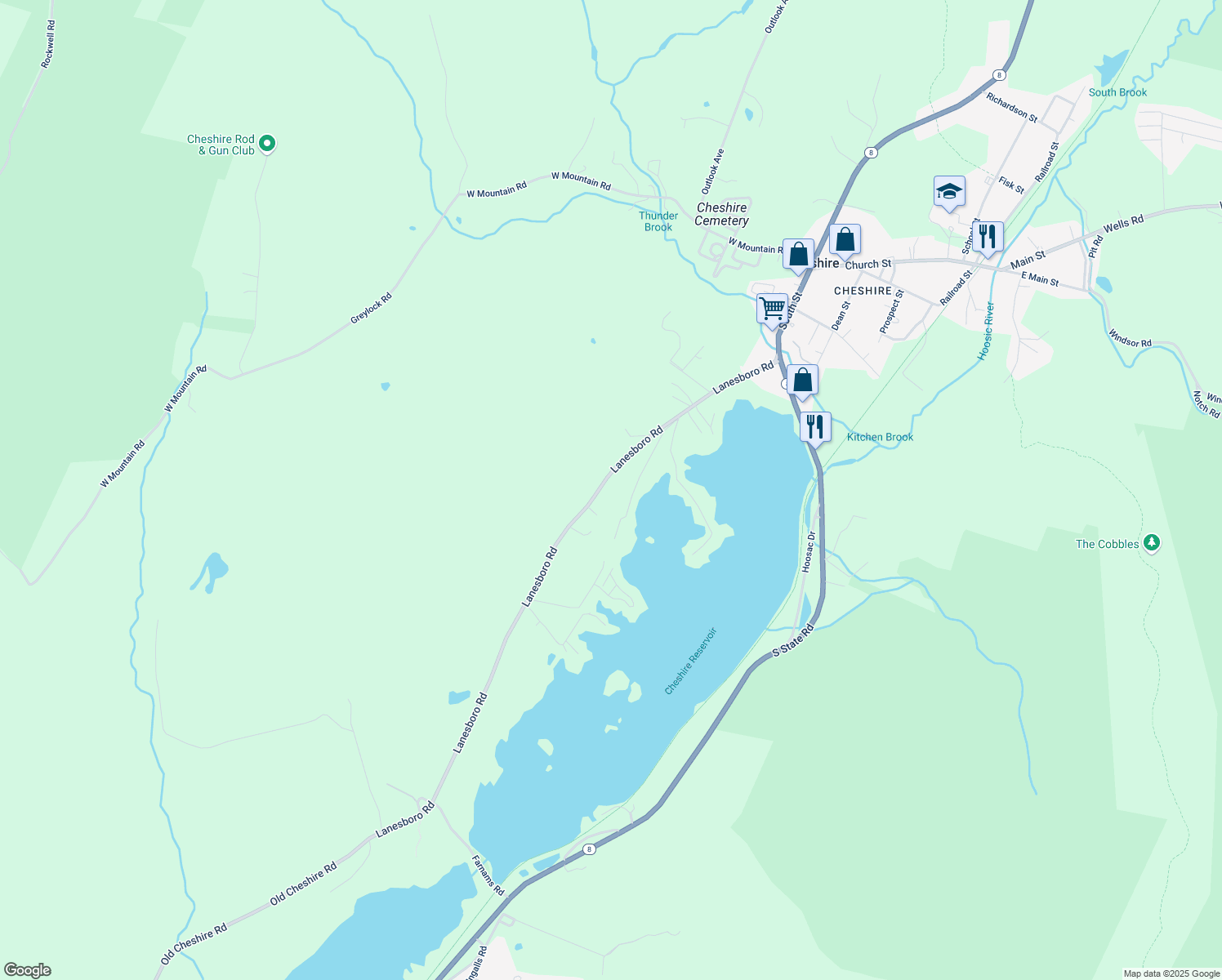 map of restaurants, bars, coffee shops, grocery stores, and more near 315 Lanesboro Road in Cheshire