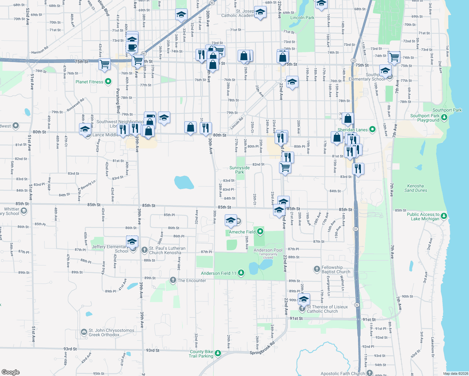 map of restaurants, bars, coffee shops, grocery stores, and more near 8320 27th Avenue in Kenosha