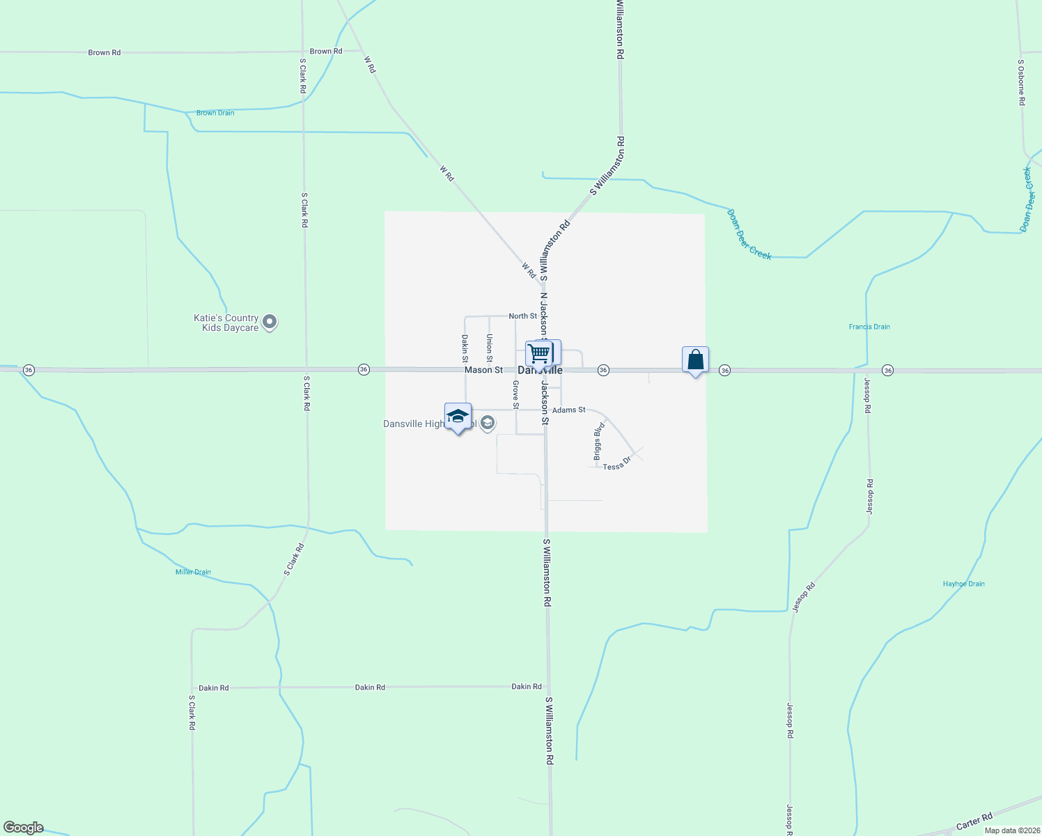 map of restaurants, bars, coffee shops, grocery stores, and more near 1332 Adams St in Dansville