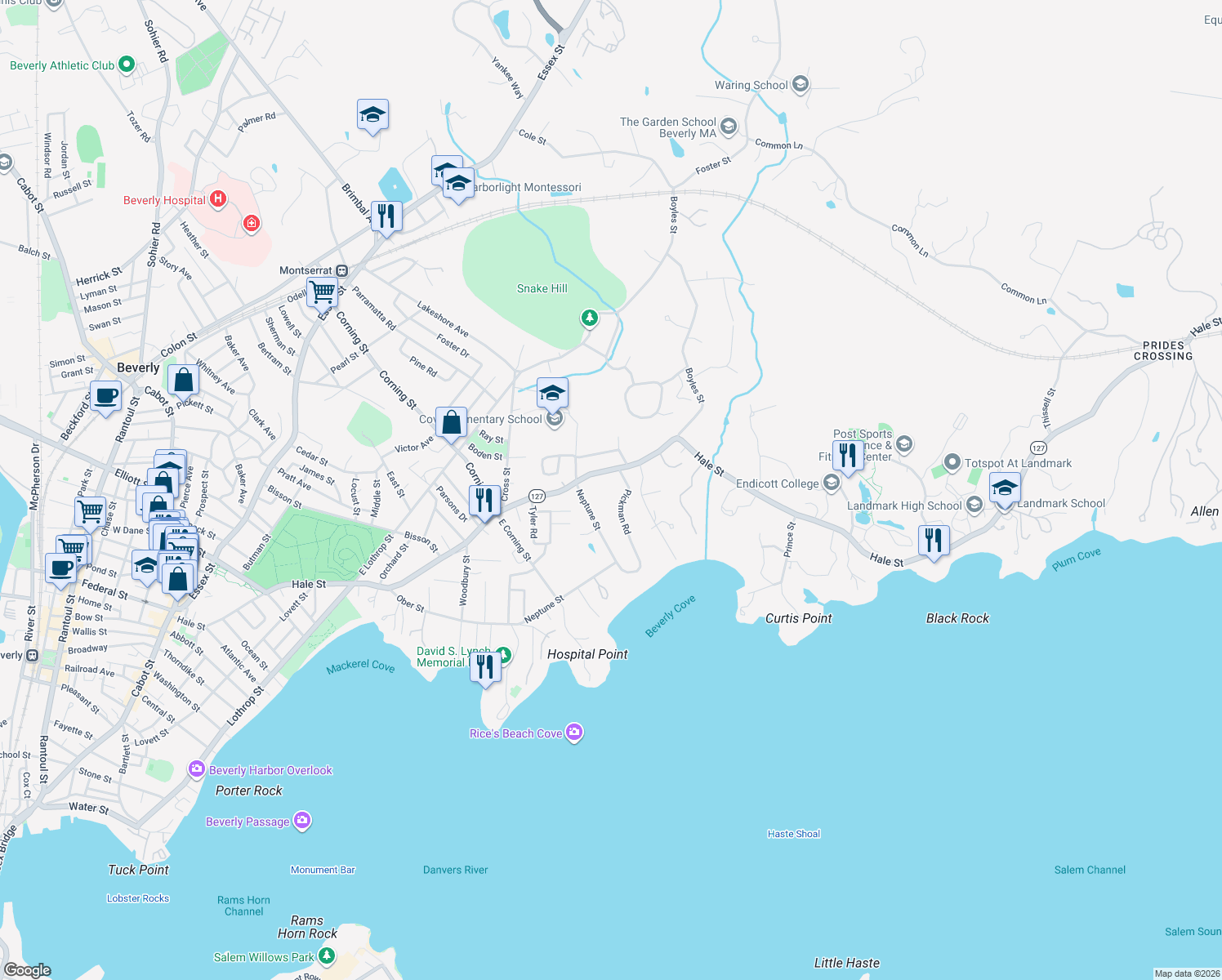 map of restaurants, bars, coffee shops, grocery stores, and more near 11 Pickman Road in Beverly