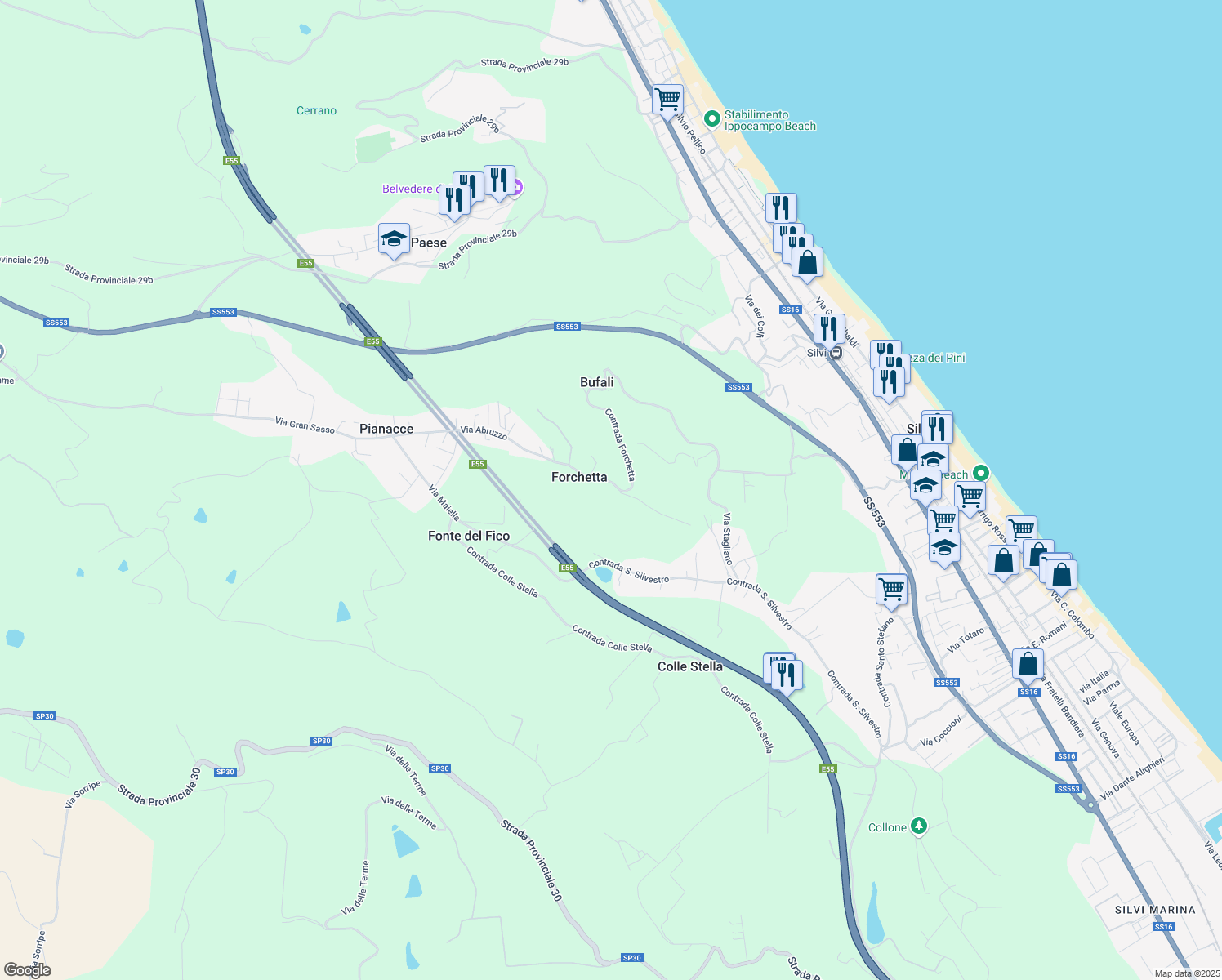 map of restaurants, bars, coffee shops, grocery stores, and more near 38 Contrada Forchetta in Forchetta