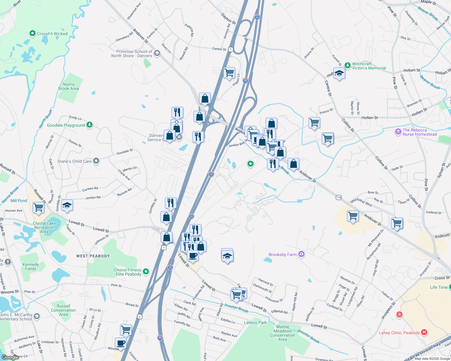 map of restaurants, bars, coffee shops, grocery stores, and more near Crane Brook Way in Peabody