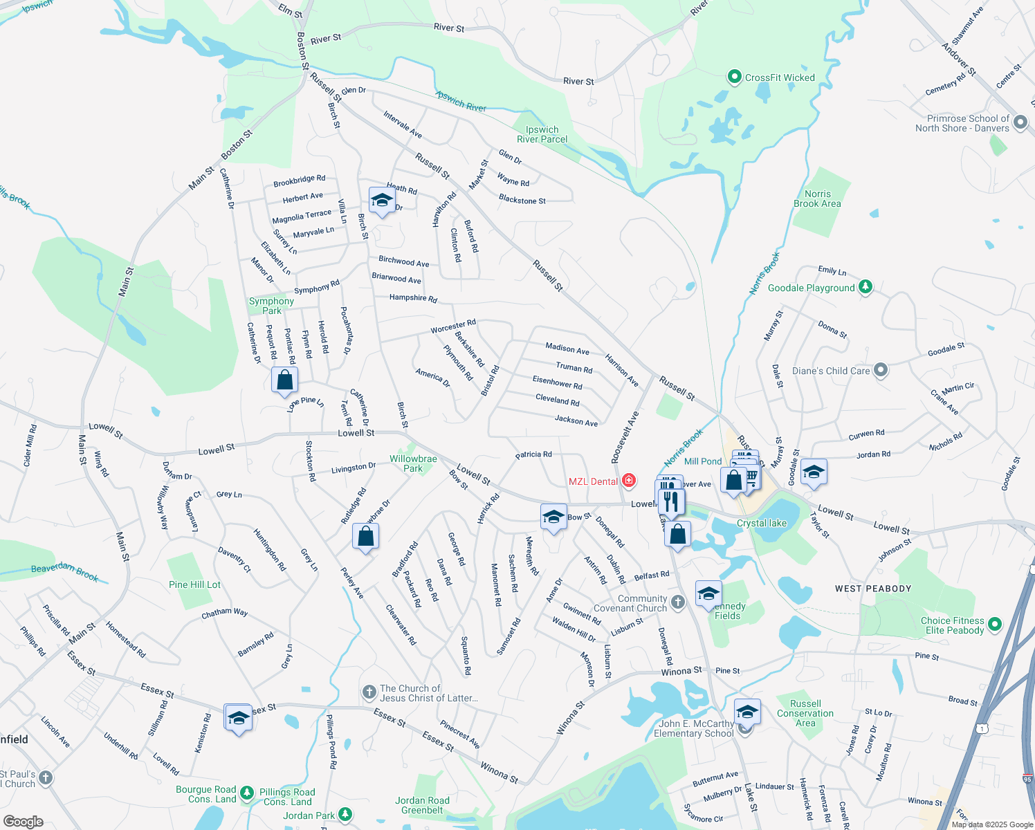 map of restaurants, bars, coffee shops, grocery stores, and more near 5 Jackson Avenue in Peabody