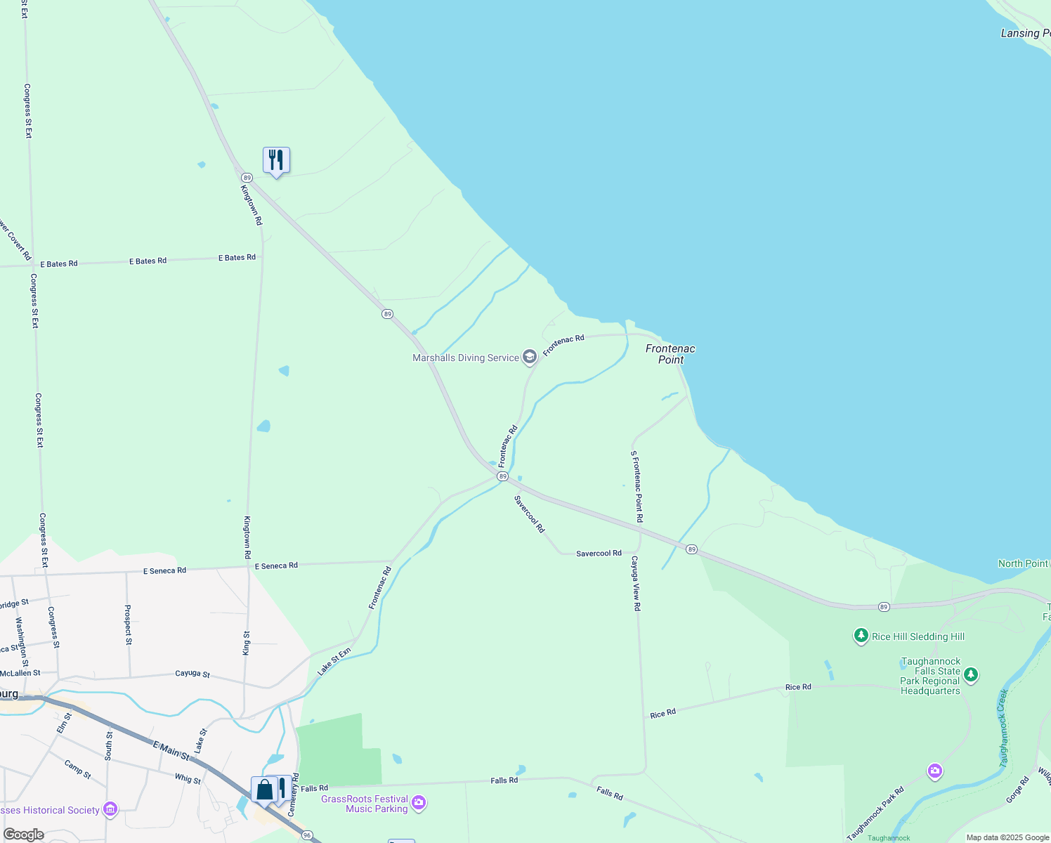 map of restaurants, bars, coffee shops, grocery stores, and more near 5014 Frontenac Road in Trumansburg