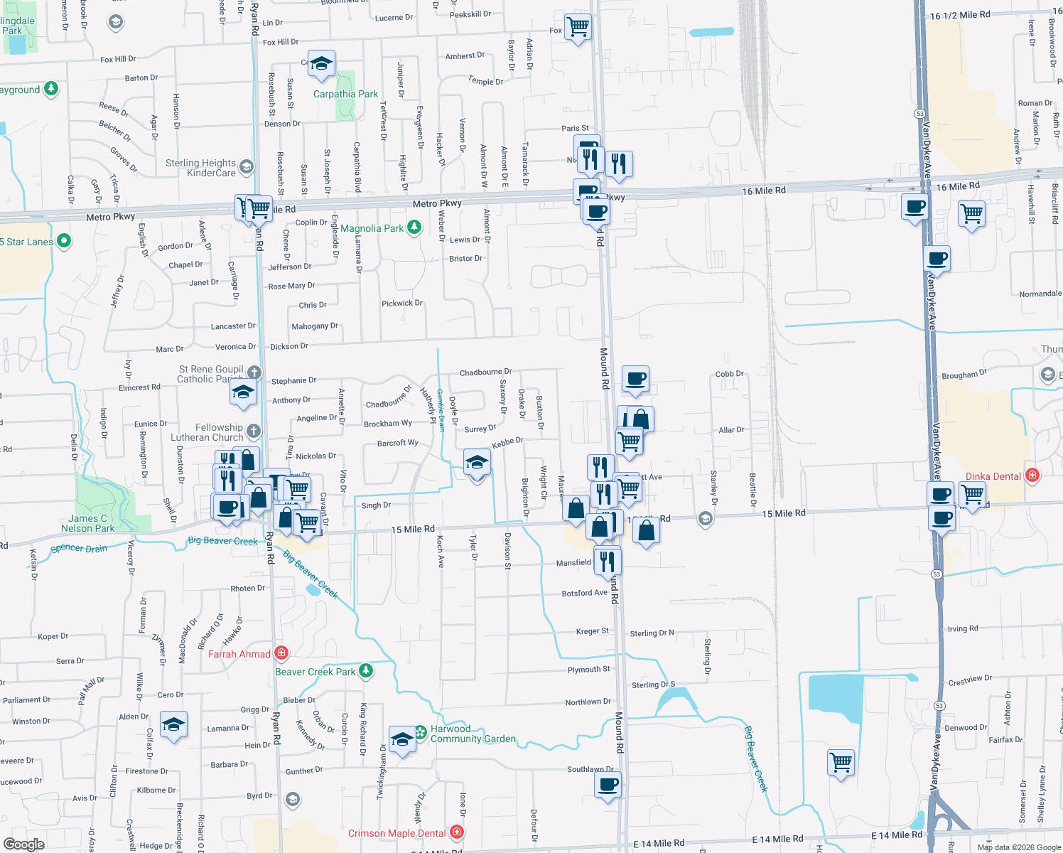 map of restaurants, bars, coffee shops, grocery stores, and more near 35559 Drake Drive in Sterling Heights