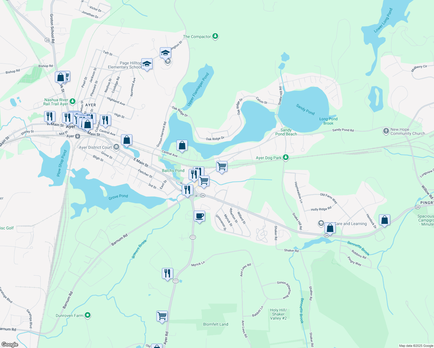 map of restaurants, bars, coffee shops, grocery stores, and more near 15 Sandy Pond Road in Ayer