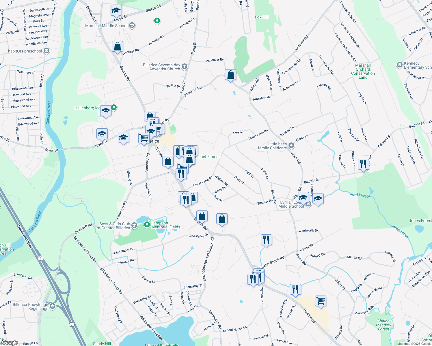 map of restaurants, bars, coffee shops, grocery stores, and more near 2 Whittier Road in Billerica