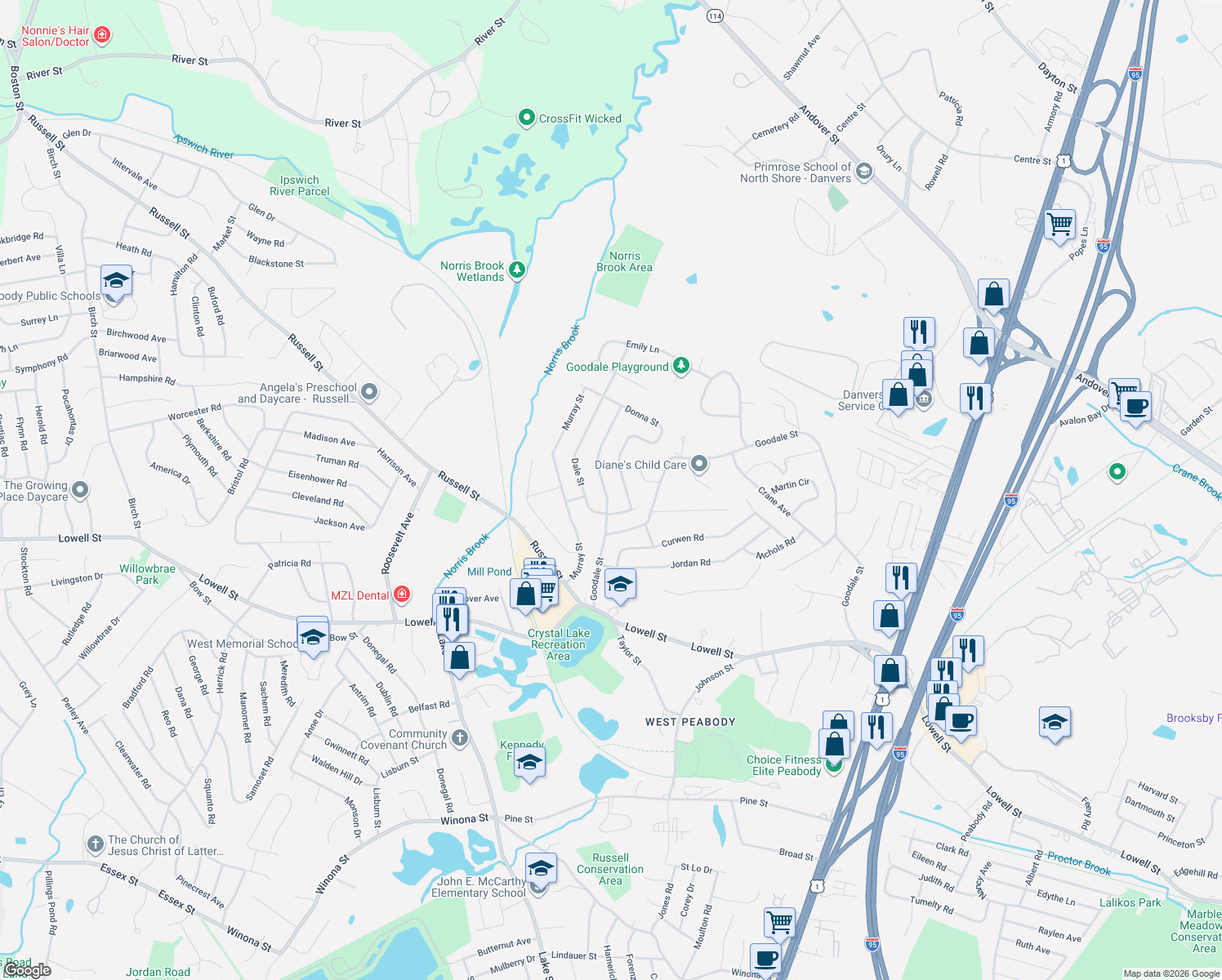 map of restaurants, bars, coffee shops, grocery stores, and more near 5 Upham Street in Peabody