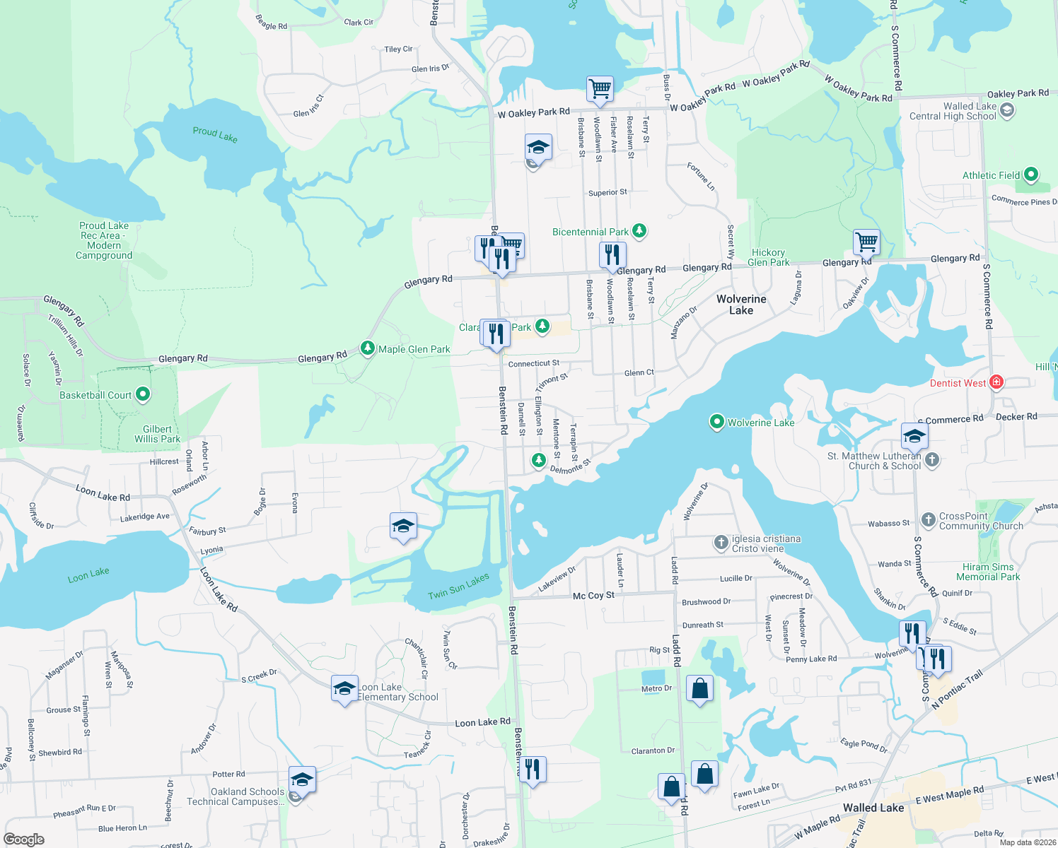 map of restaurants, bars, coffee shops, grocery stores, and more near 2260 Darnell Street in Wolverine Lake