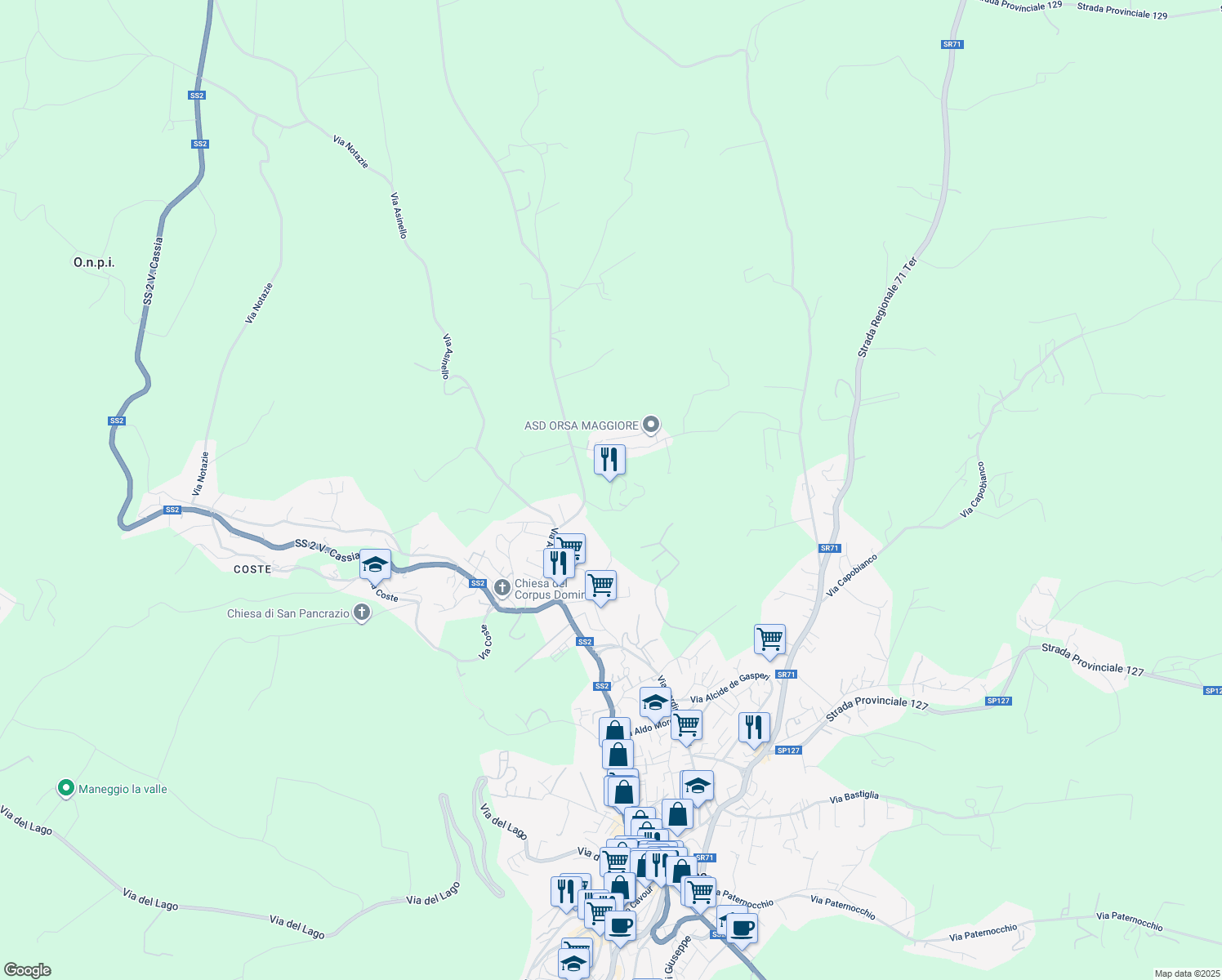 map of restaurants, bars, coffee shops, grocery stores, and more near 107 Via Poggio della Frusta in Montefiascone
