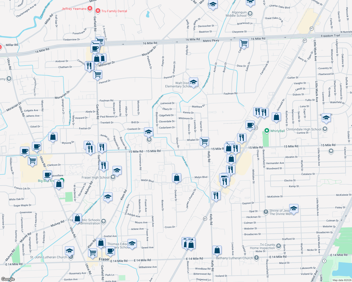 map of restaurants, bars, coffee shops, grocery stores, and more near 35133 Simon Drive in Charter Township of Clinton