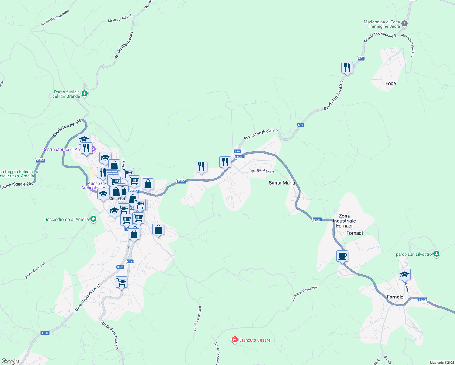 map of restaurants, bars, coffee shops, grocery stores, and more near 20 Strada del Fondo in Amelia