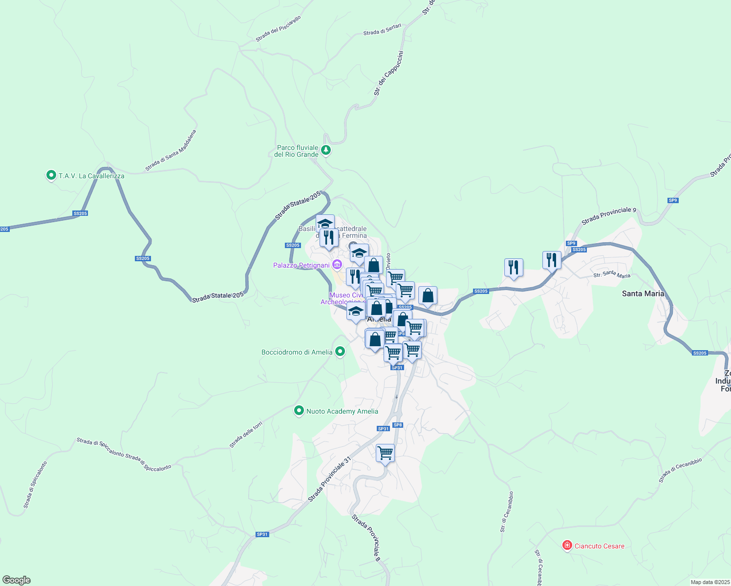 map of restaurants, bars, coffee shops, grocery stores, and more near 91 Via della Repubblica in Amelia