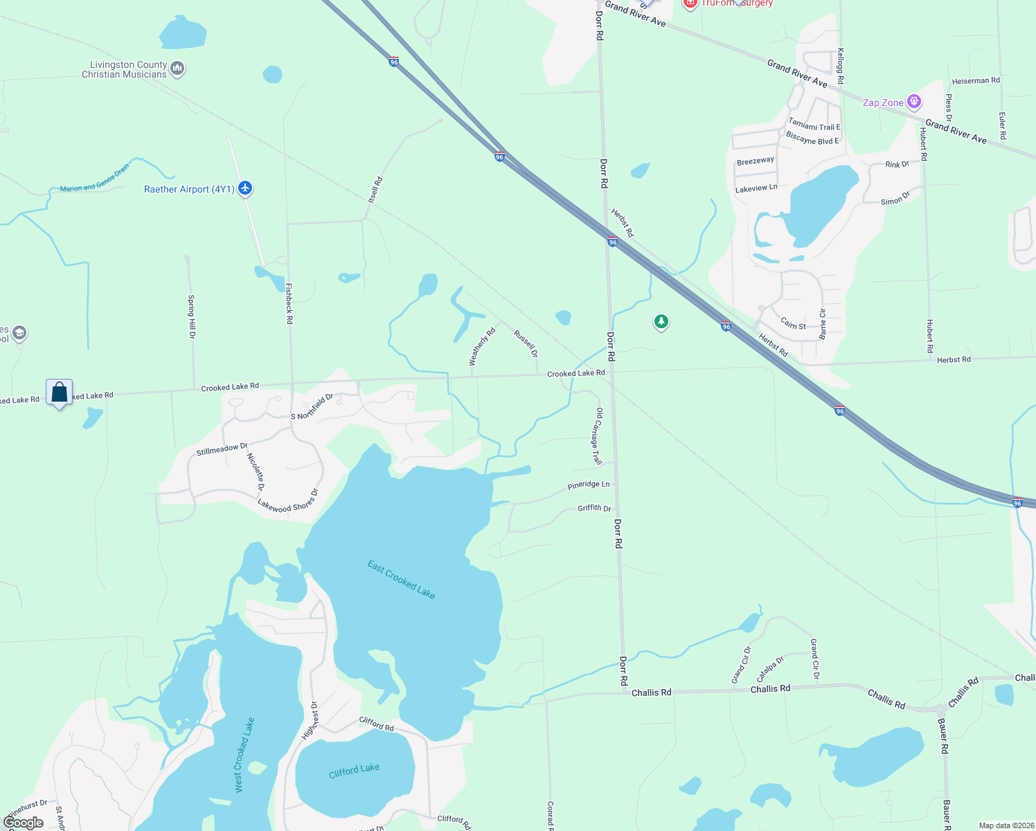 map of restaurants, bars, coffee shops, grocery stores, and more near 5676 Crooked Lake Road in Howell
