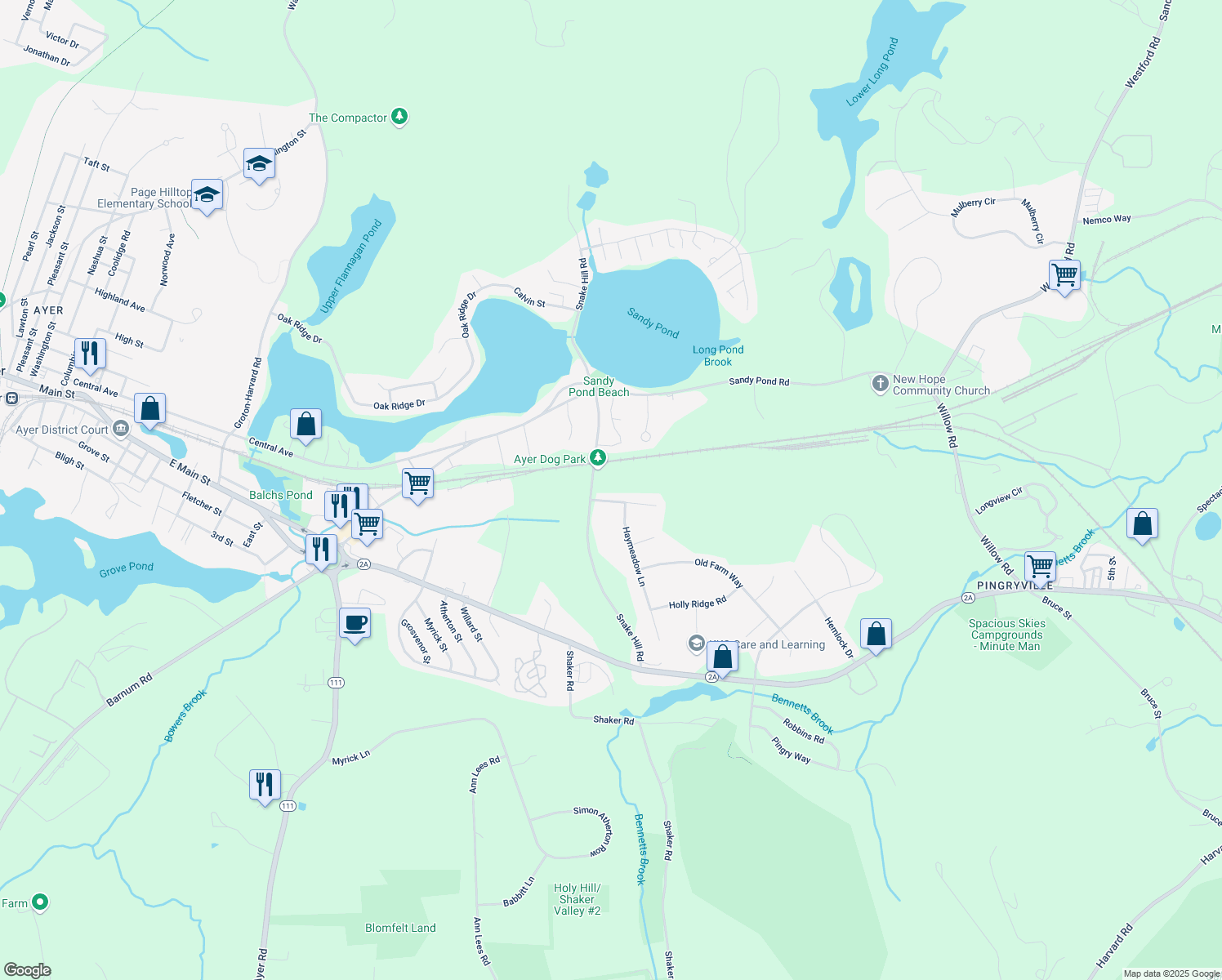 map of restaurants, bars, coffee shops, grocery stores, and more near 26 Fox Run Drive in Ayer
