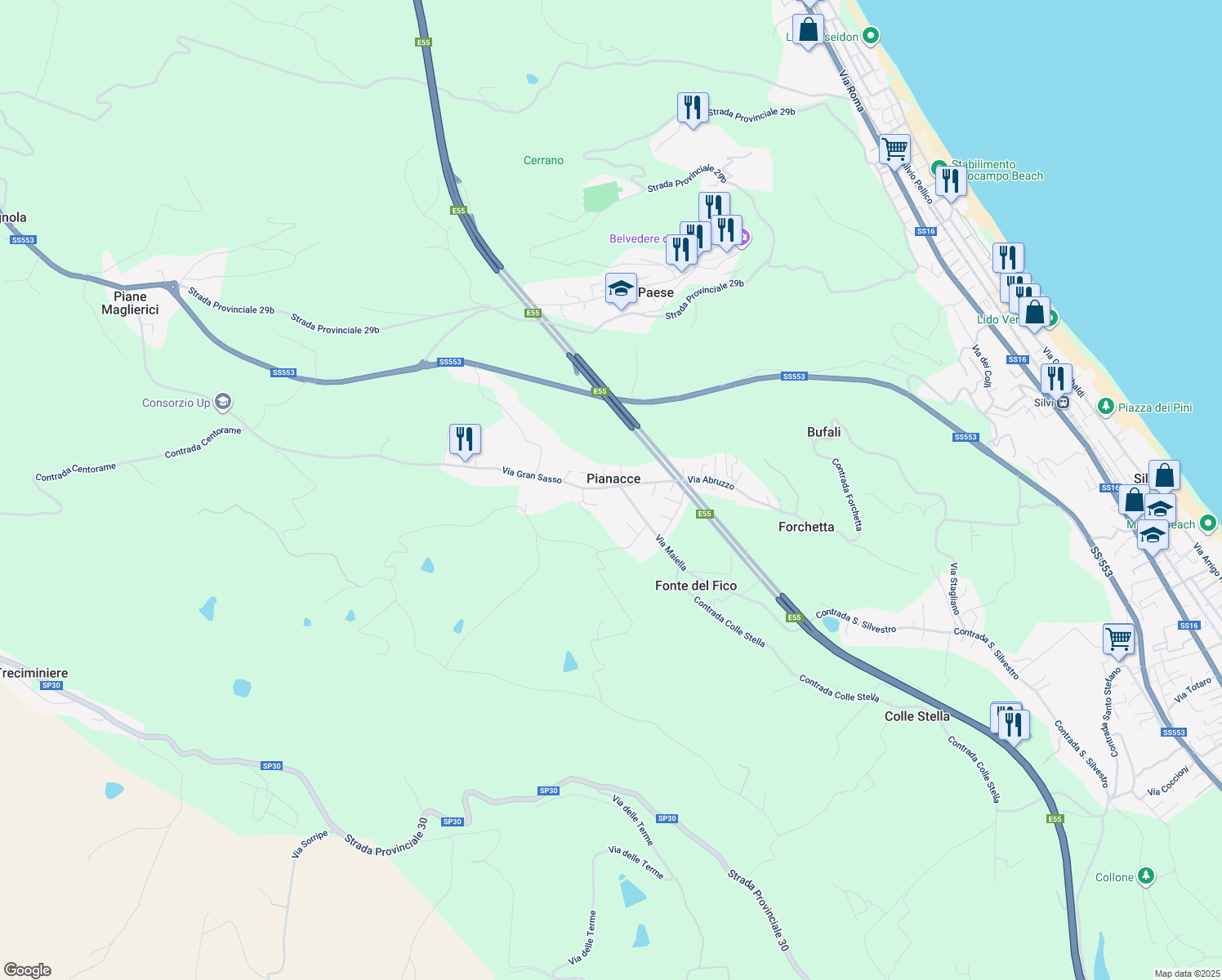 map of restaurants, bars, coffee shops, grocery stores, and more near 7 Via Gran Sasso in Pianacce