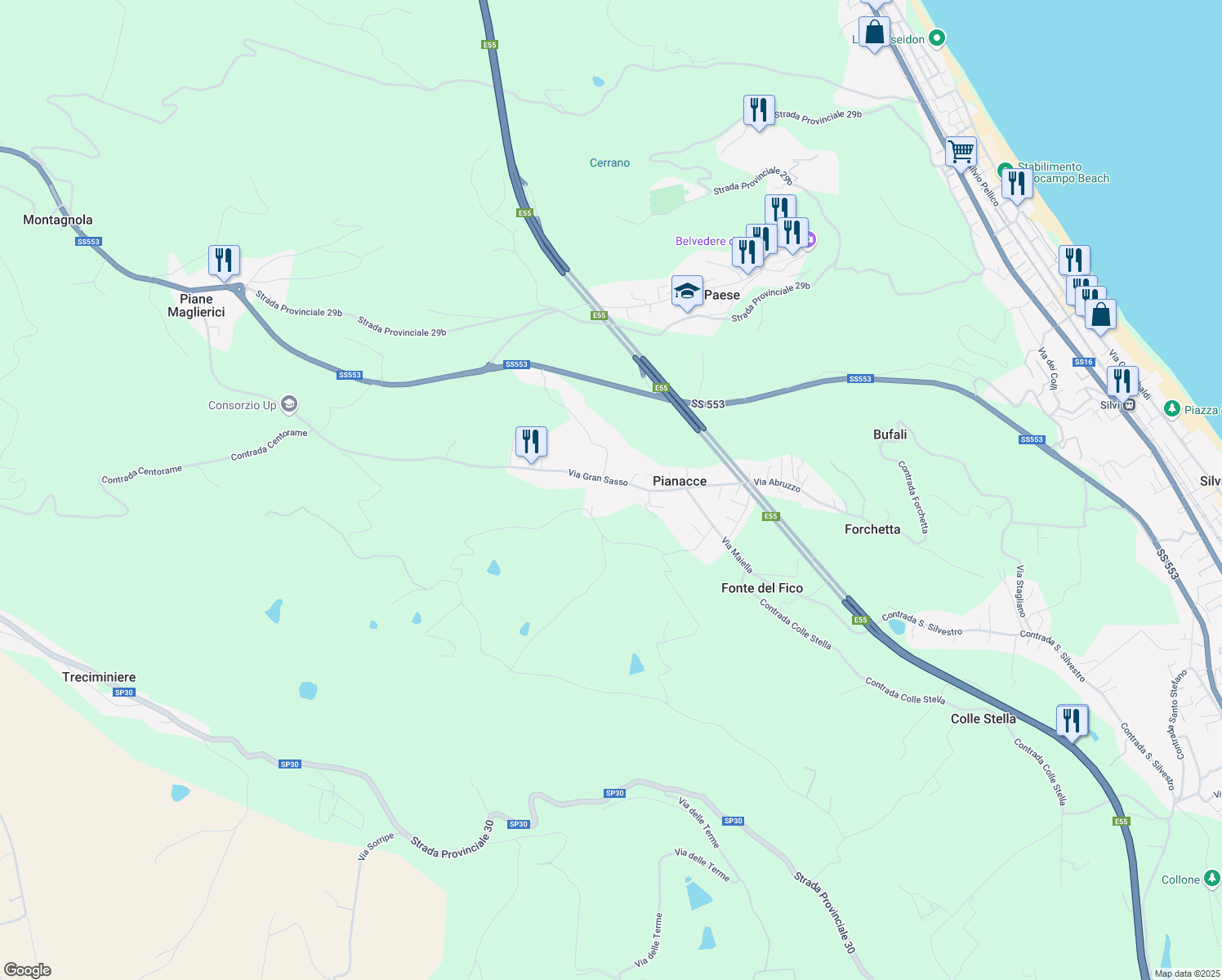 map of restaurants, bars, coffee shops, grocery stores, and more near 76 Via Gran Sasso in Pianacce