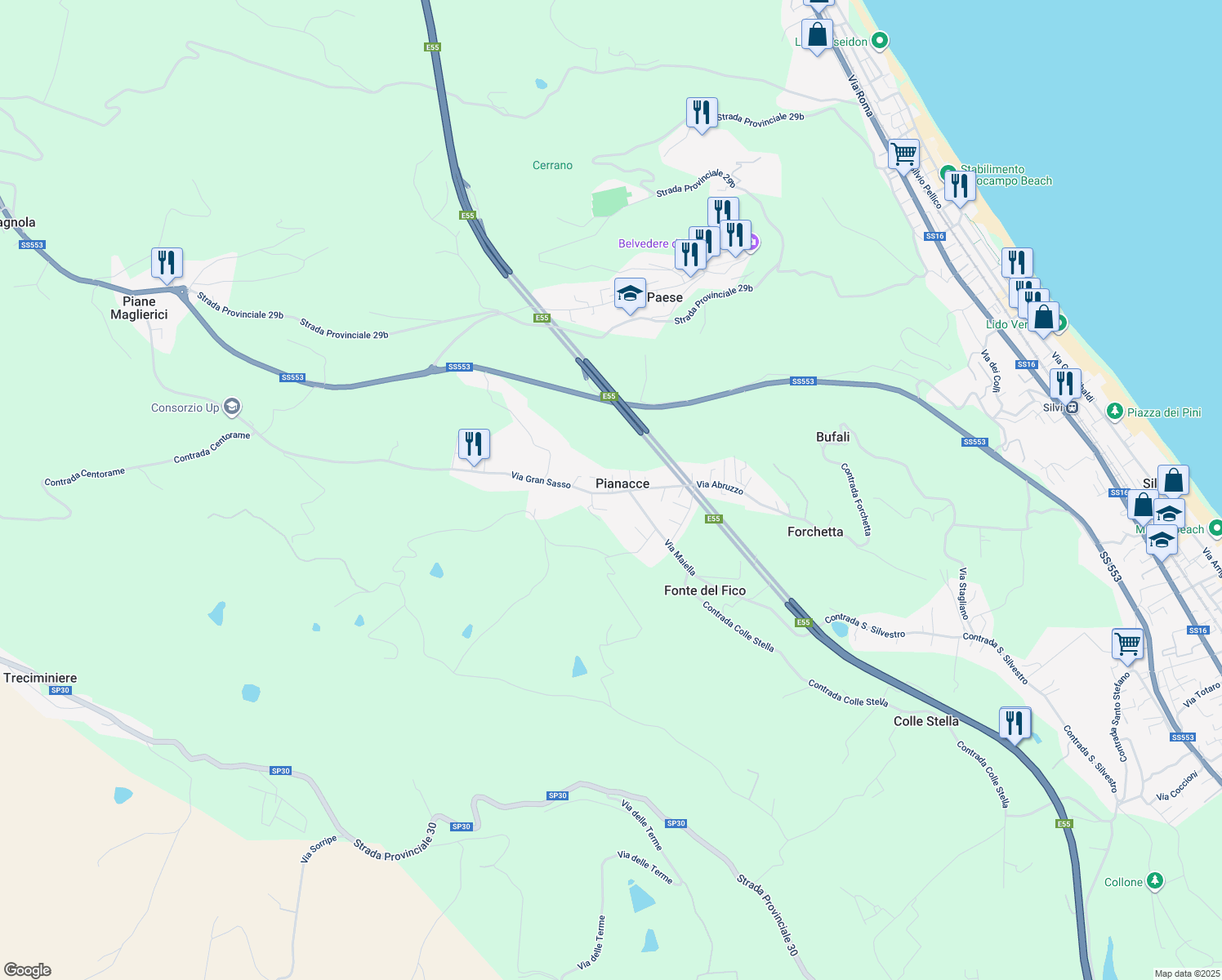 map of restaurants, bars, coffee shops, grocery stores, and more near 7 Via Gran Sasso in Pianacce