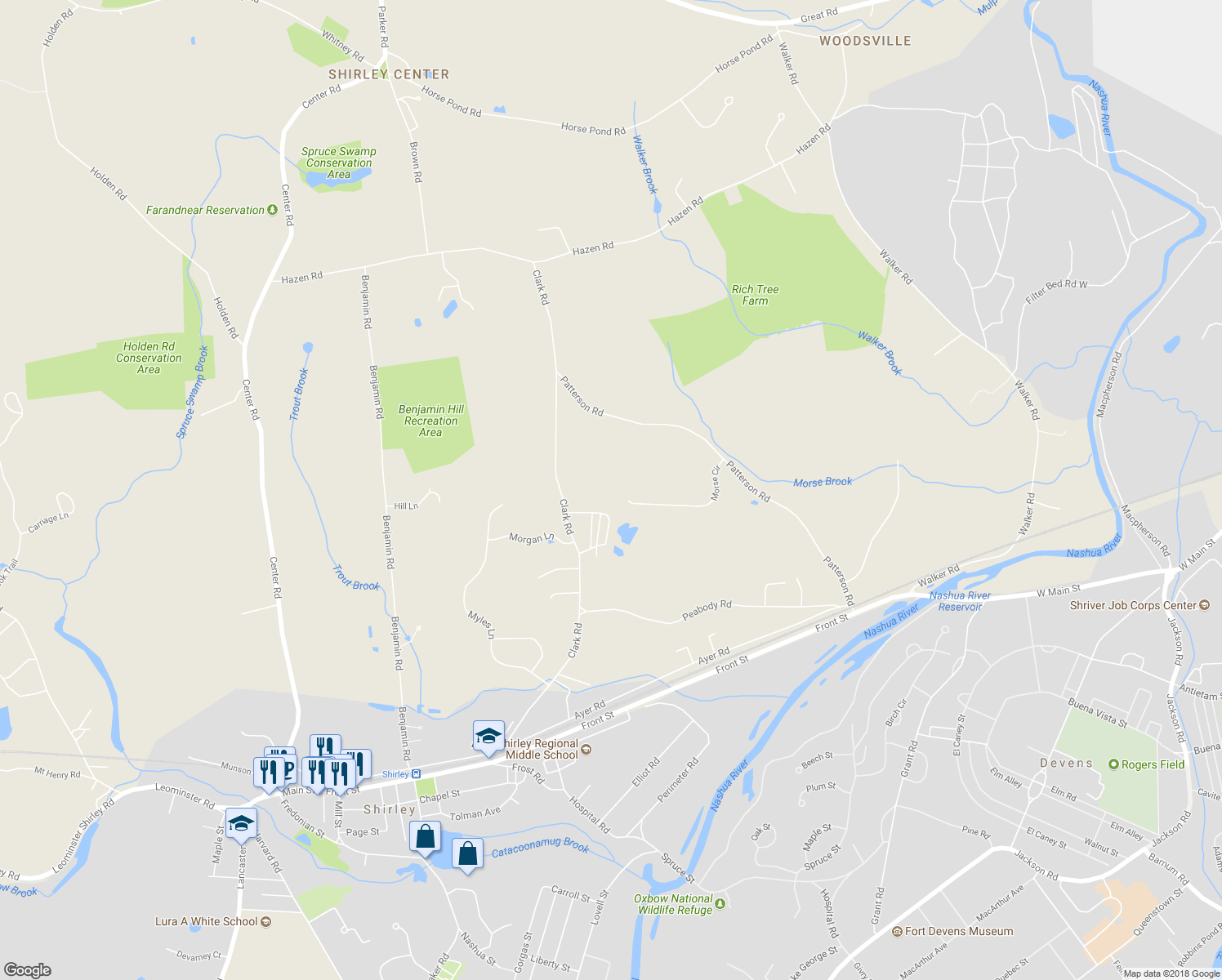 map of restaurants, bars, coffee shops, grocery stores, and more near 15 Morse Circle in Shirley