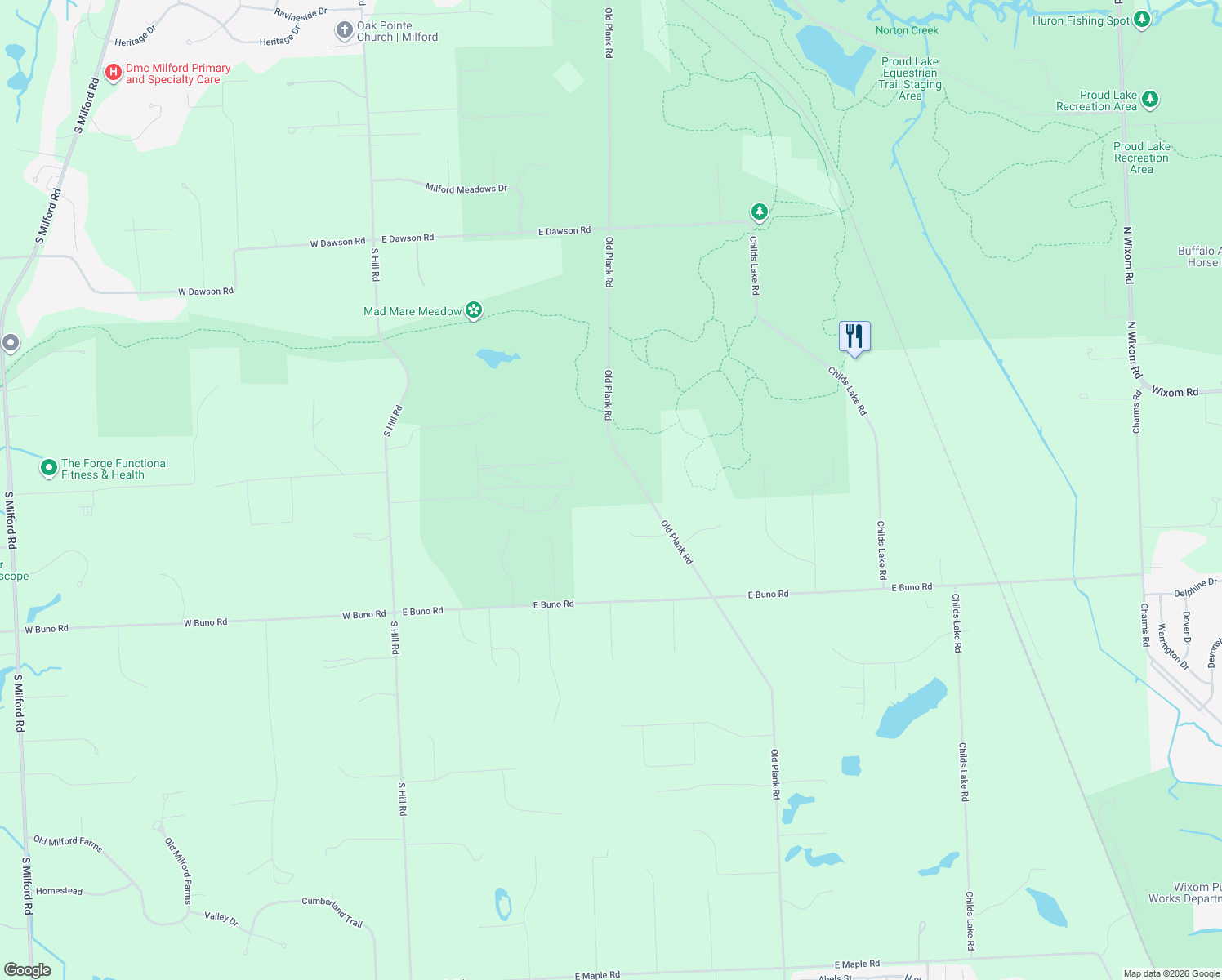 map of restaurants, bars, coffee shops, grocery stores, and more near 2300 Old Plank Road in Milford Township