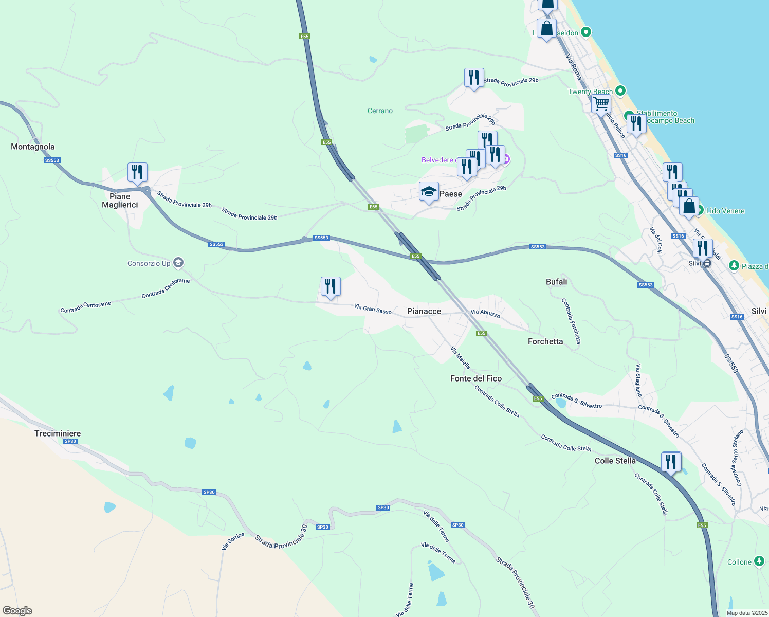 map of restaurants, bars, coffee shops, grocery stores, and more near 76 Via Gran Sasso in Pianacce