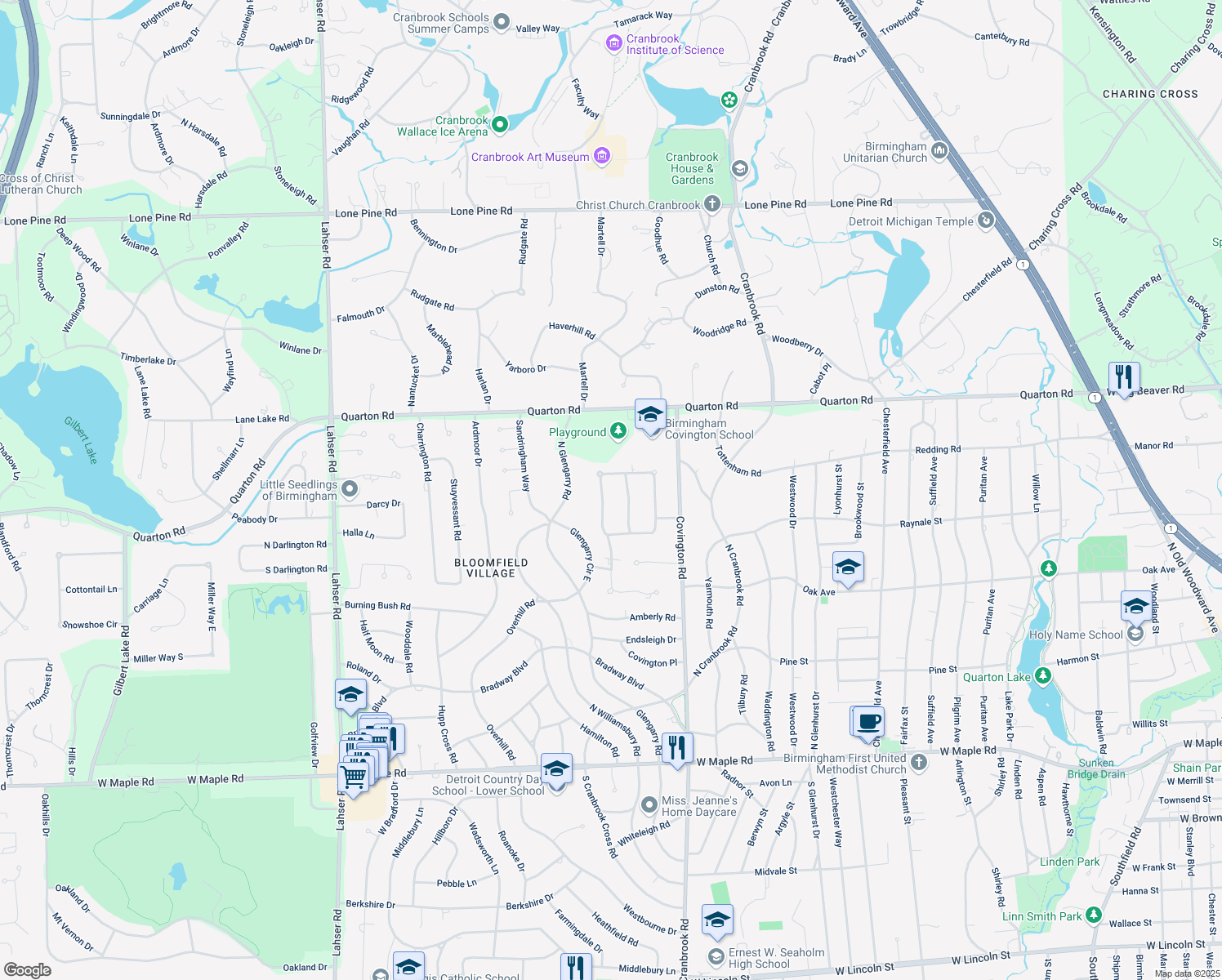 map of restaurants, bars, coffee shops, grocery stores, and more near 1300 W Indian Mound Rd in Bloomfield Hills