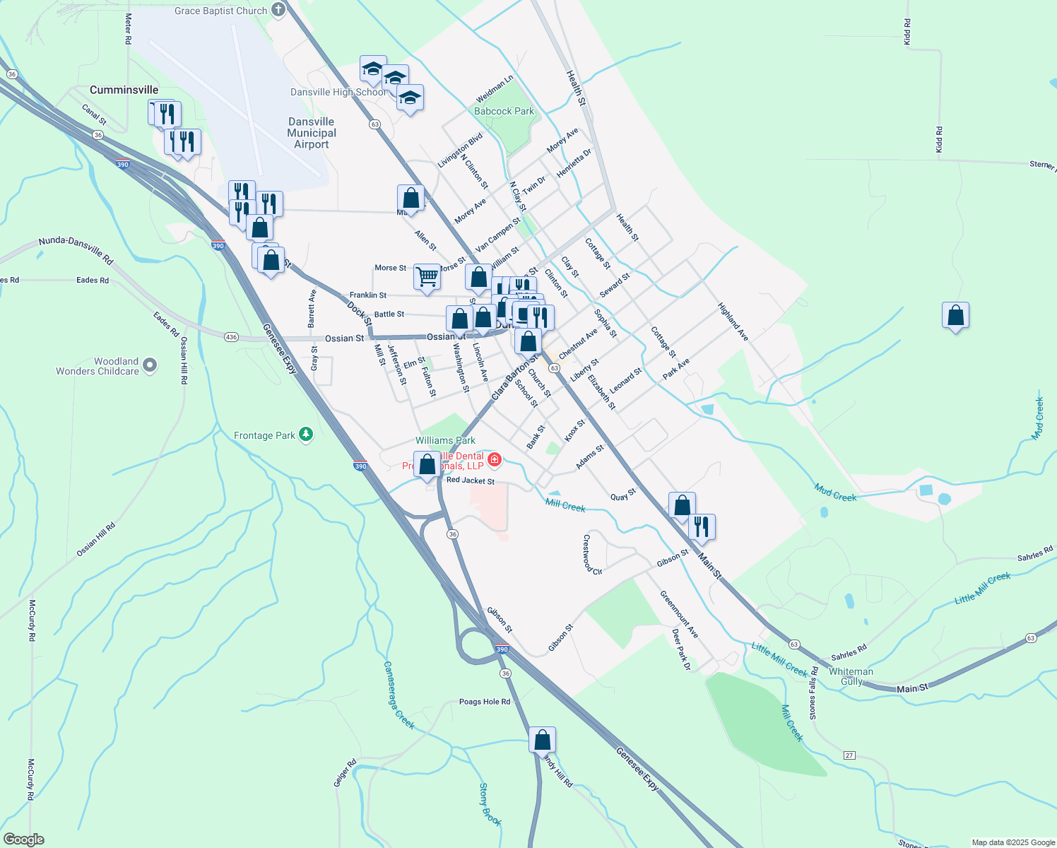 map of restaurants, bars, coffee shops, grocery stores, and more near 11 W Liberty St in Dansville
