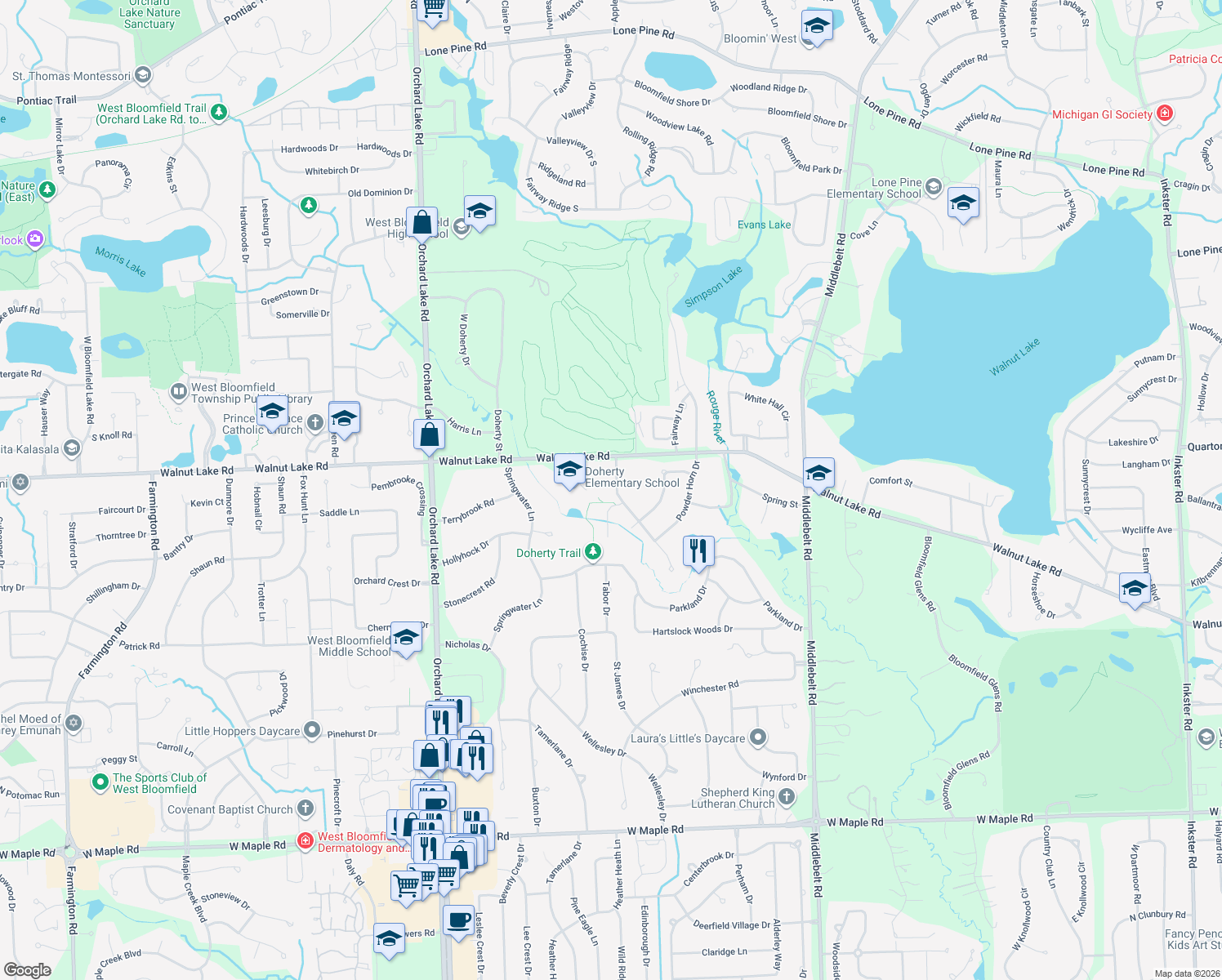 map of restaurants, bars, coffee shops, grocery stores, and more near 5572 Swan Lake Drive in West Bloomfield Township