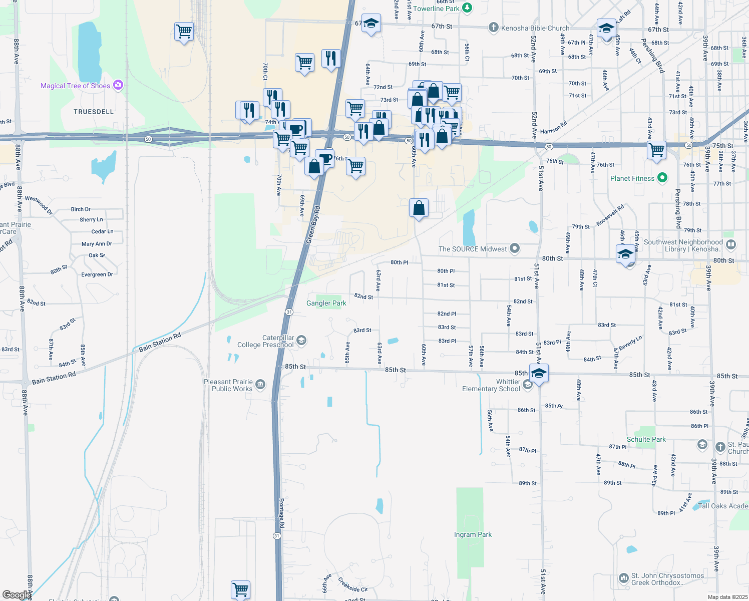 map of restaurants, bars, coffee shops, grocery stores, and more near 8204 63rd Avenue in Kenosha