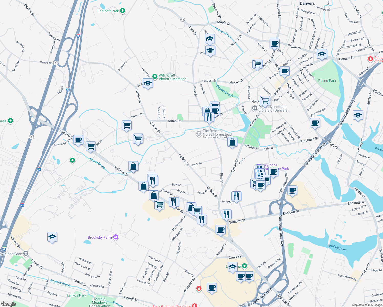map of restaurants, bars, coffee shops, grocery stores, and more near 11 Mello Parkway in Danvers