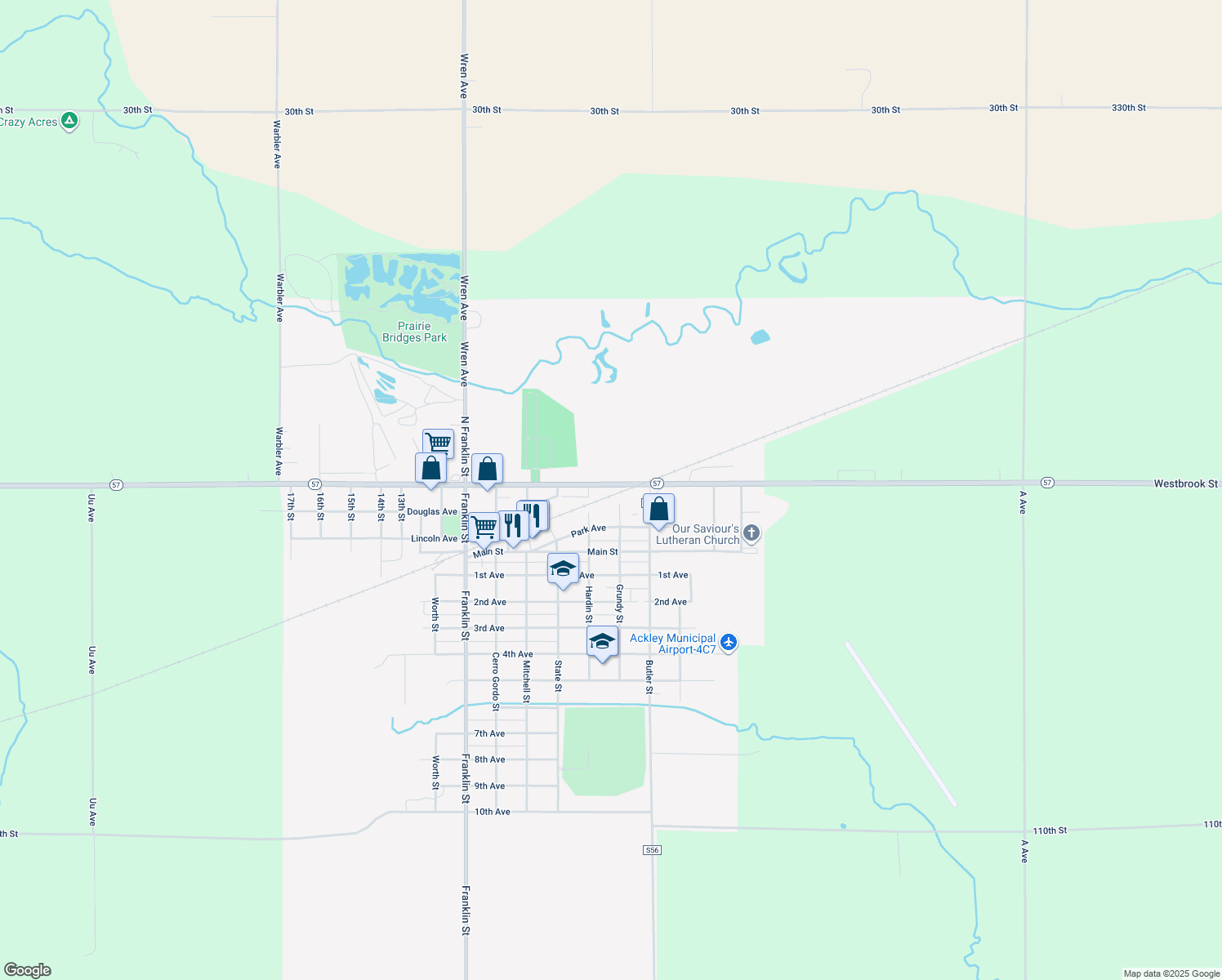map of restaurants, bars, coffee shops, grocery stores, and more near 922 Sherman Avenue in Ackley