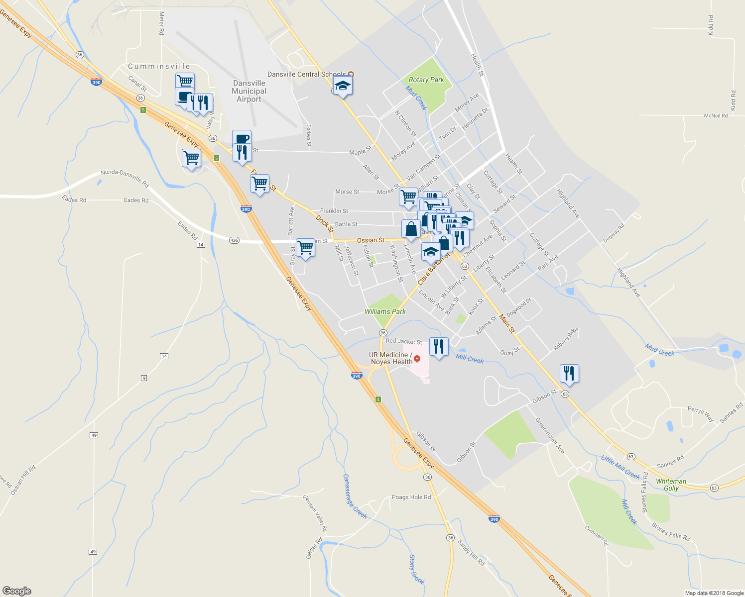 map of restaurants, bars, coffee shops, grocery stores, and more near 49 West Avenue in Dansville