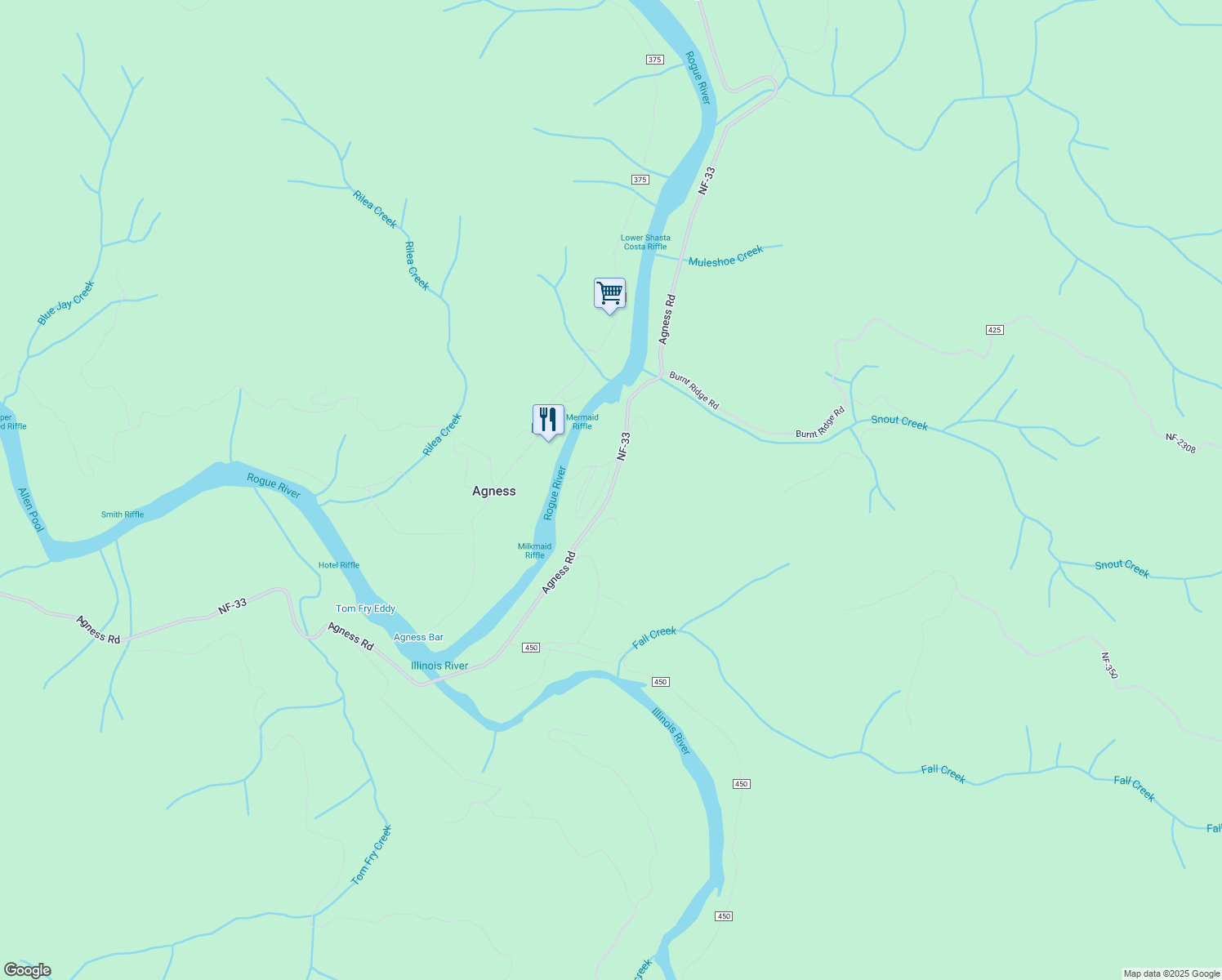 map of restaurants, bars, coffee shops, grocery stores, and more near 4215 Agness Rd in Curry