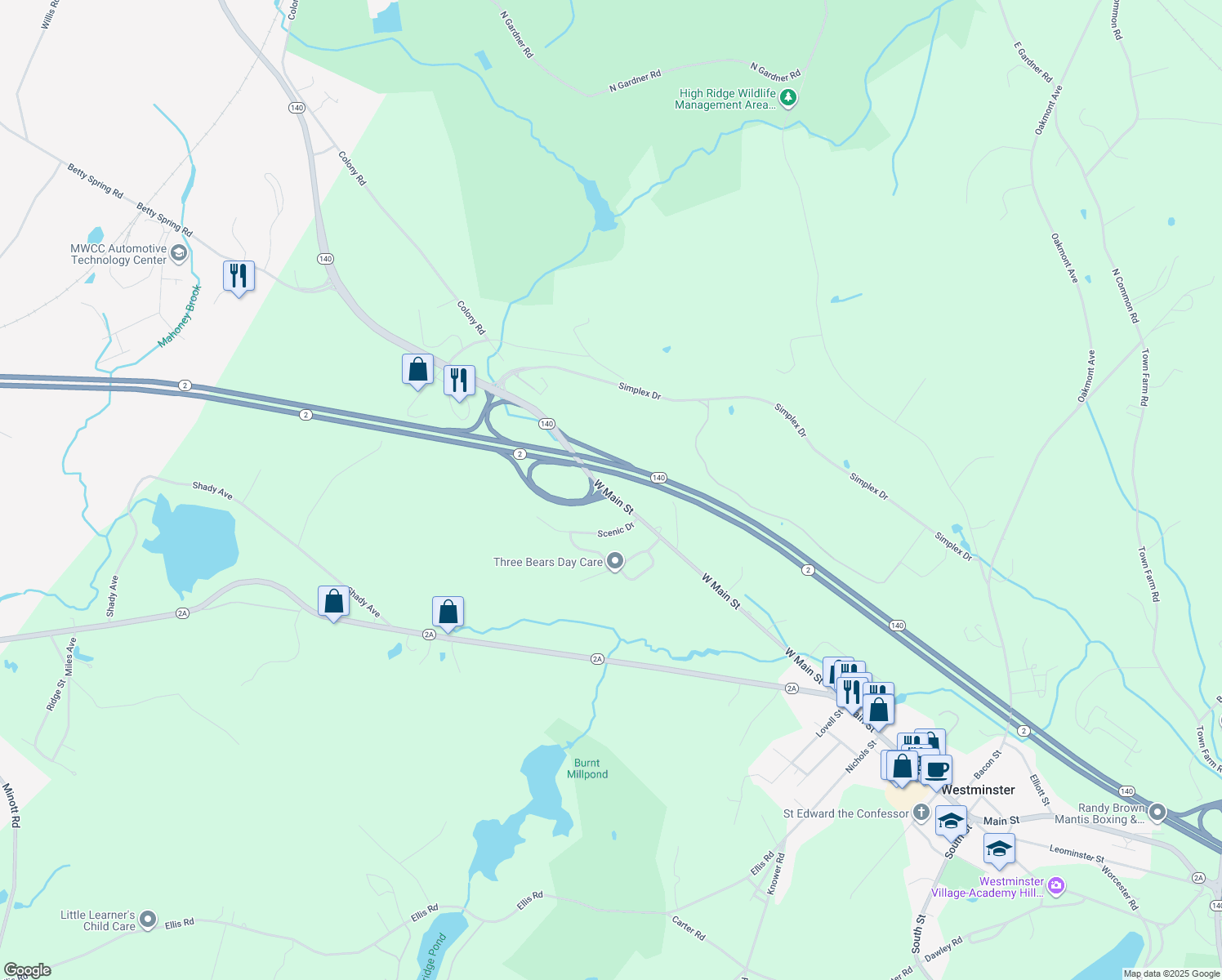 map of restaurants, bars, coffee shops, grocery stores, and more near 107 West Main Street in Westminster