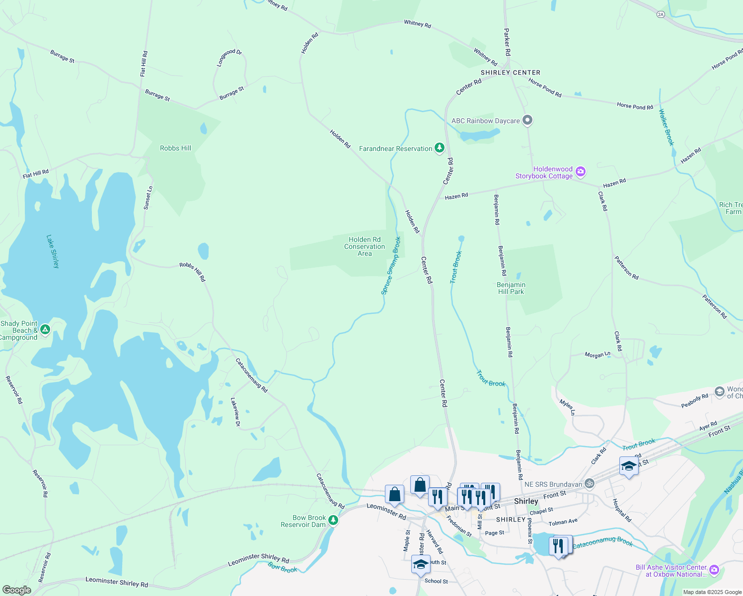 map of restaurants, bars, coffee shops, grocery stores, and more near 110 Center Road in Shirley