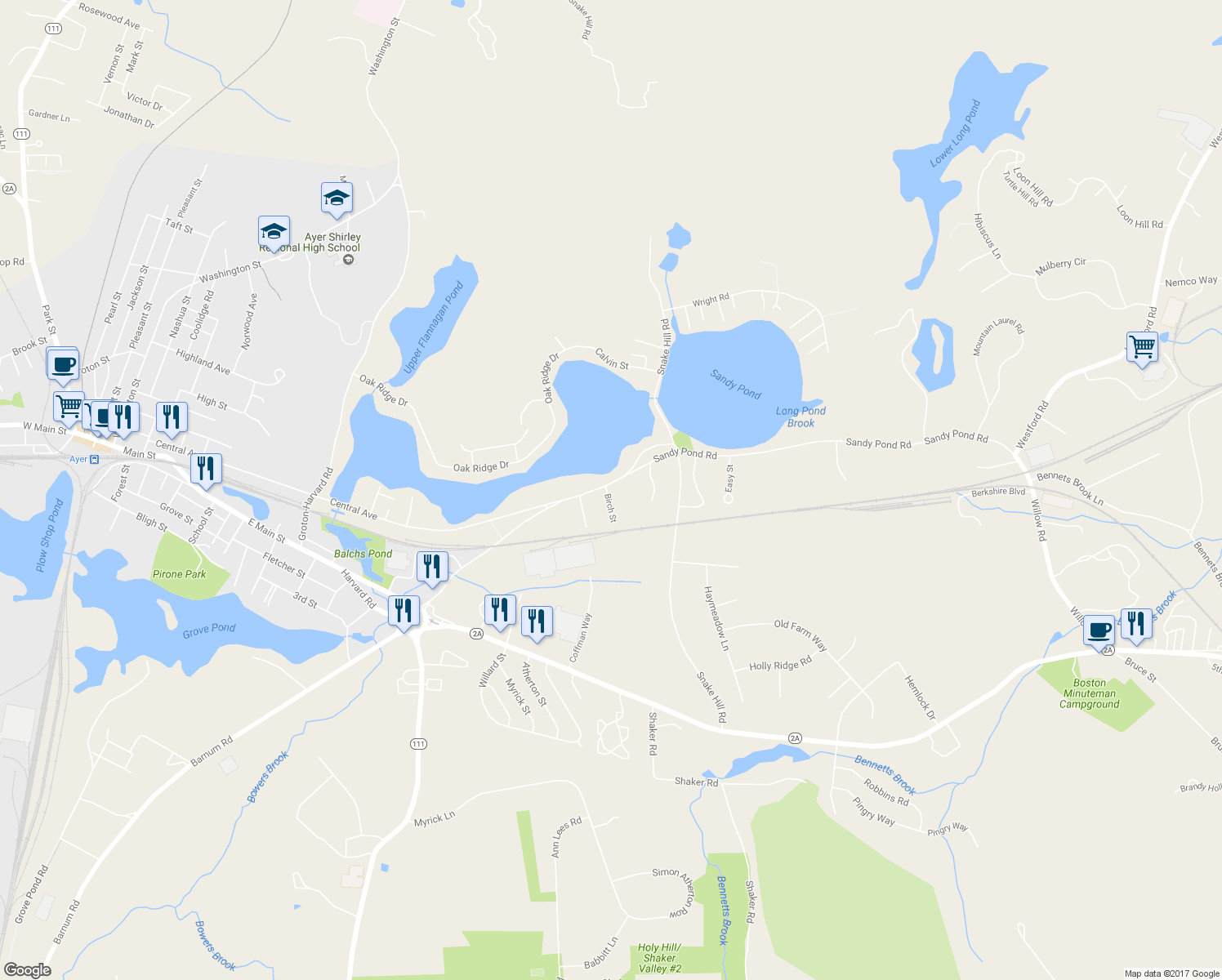map of restaurants, bars, coffee shops, grocery stores, and more near 51 Sandy Pond Road in Ayer