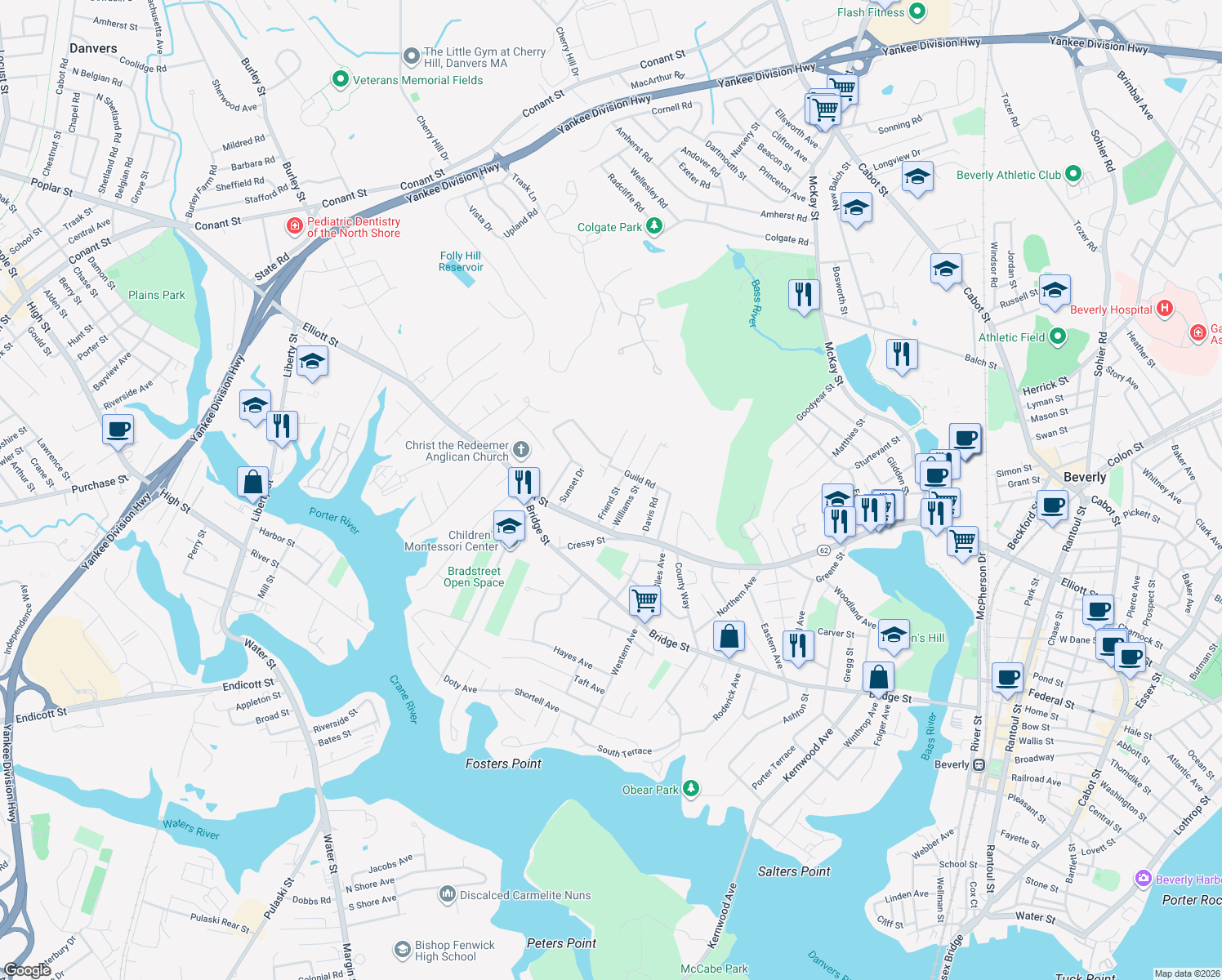 map of restaurants, bars, coffee shops, grocery stores, and more near 22 Friend St in Beverly