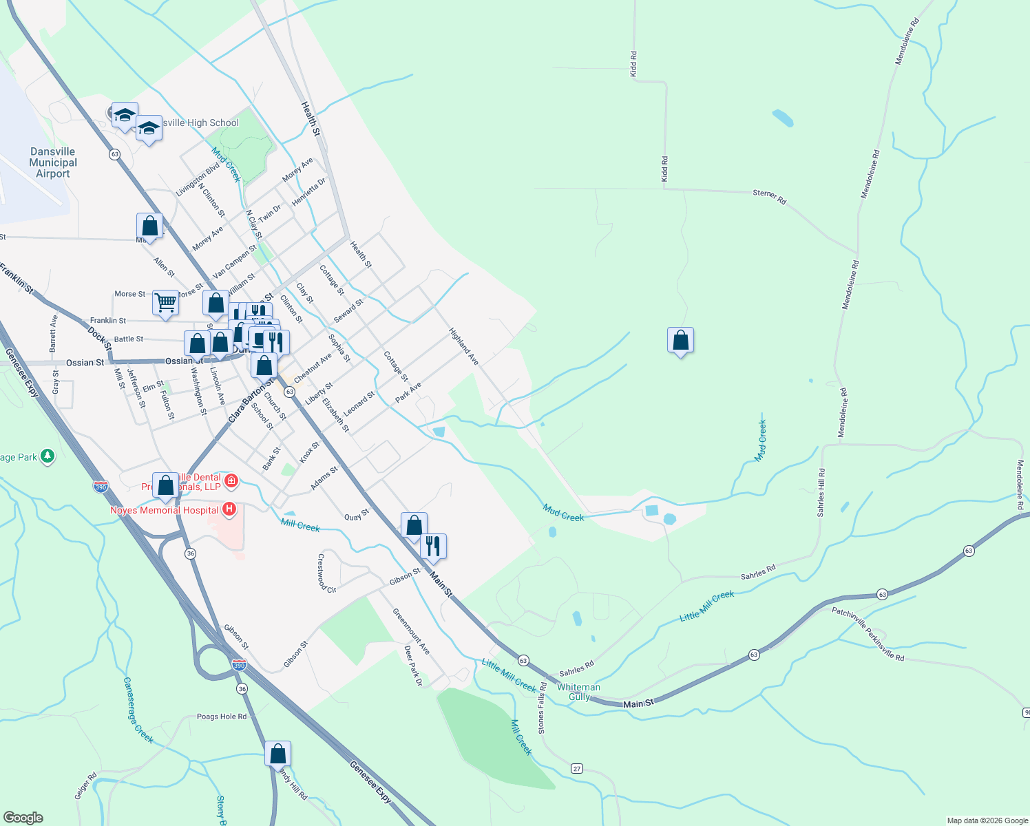 map of restaurants, bars, coffee shops, grocery stores, and more near 9710 Highland Avenue in Dansville