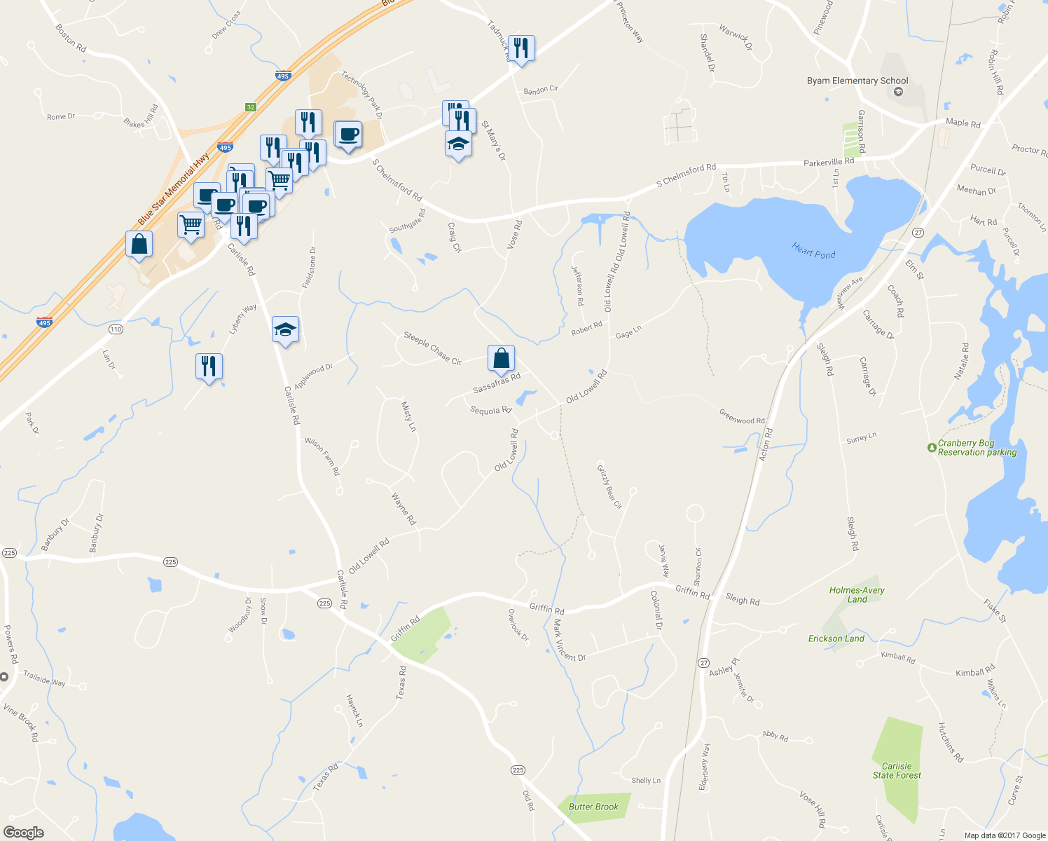 map of restaurants, bars, coffee shops, grocery stores, and more near 58 Old Lowell Road in Westford